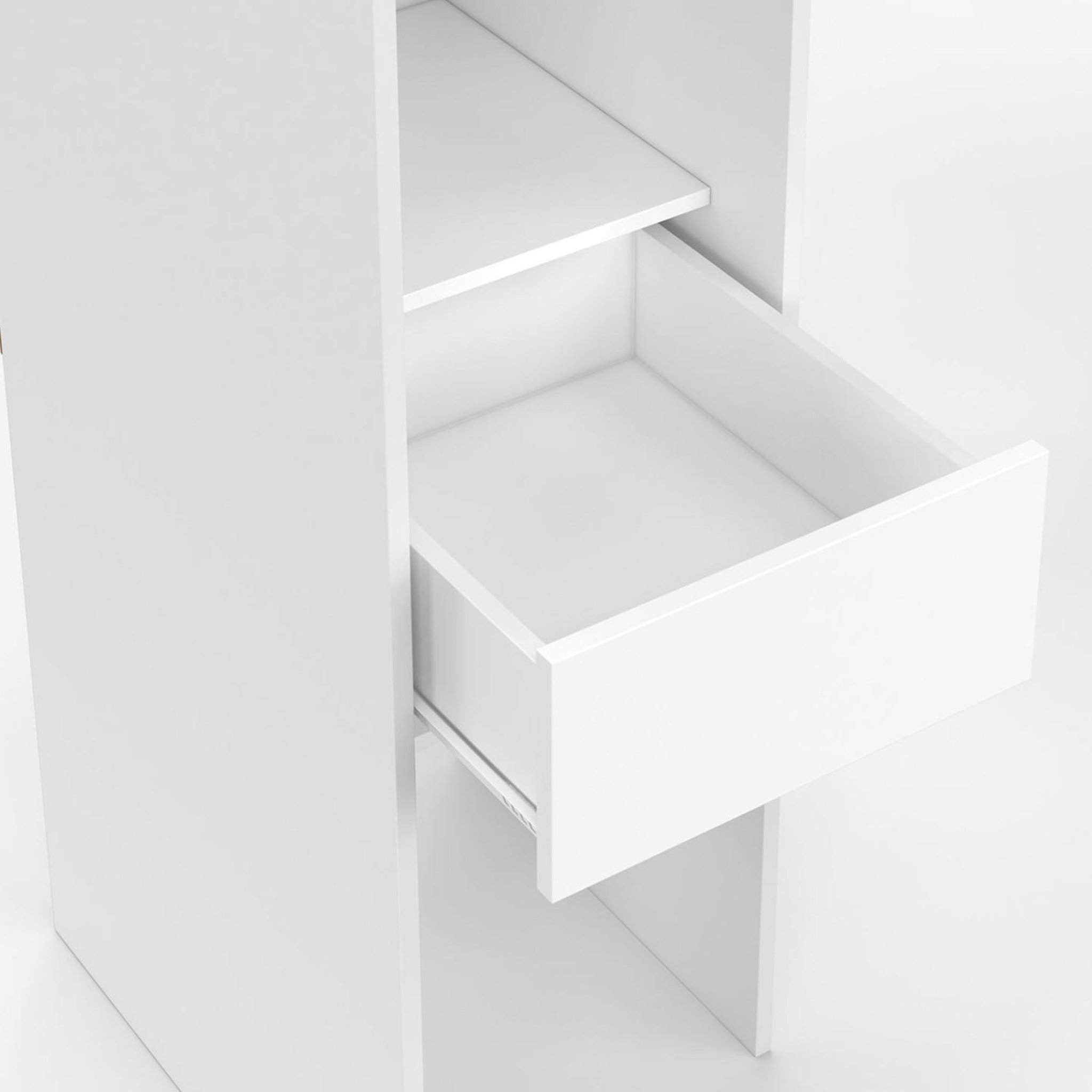 Voir la diapositive 6 : ID MARKET Dressing extensible MERYL 145/170 x 50 x 180 cm blanc avec étagères + double penderie + miroir + rideau gris