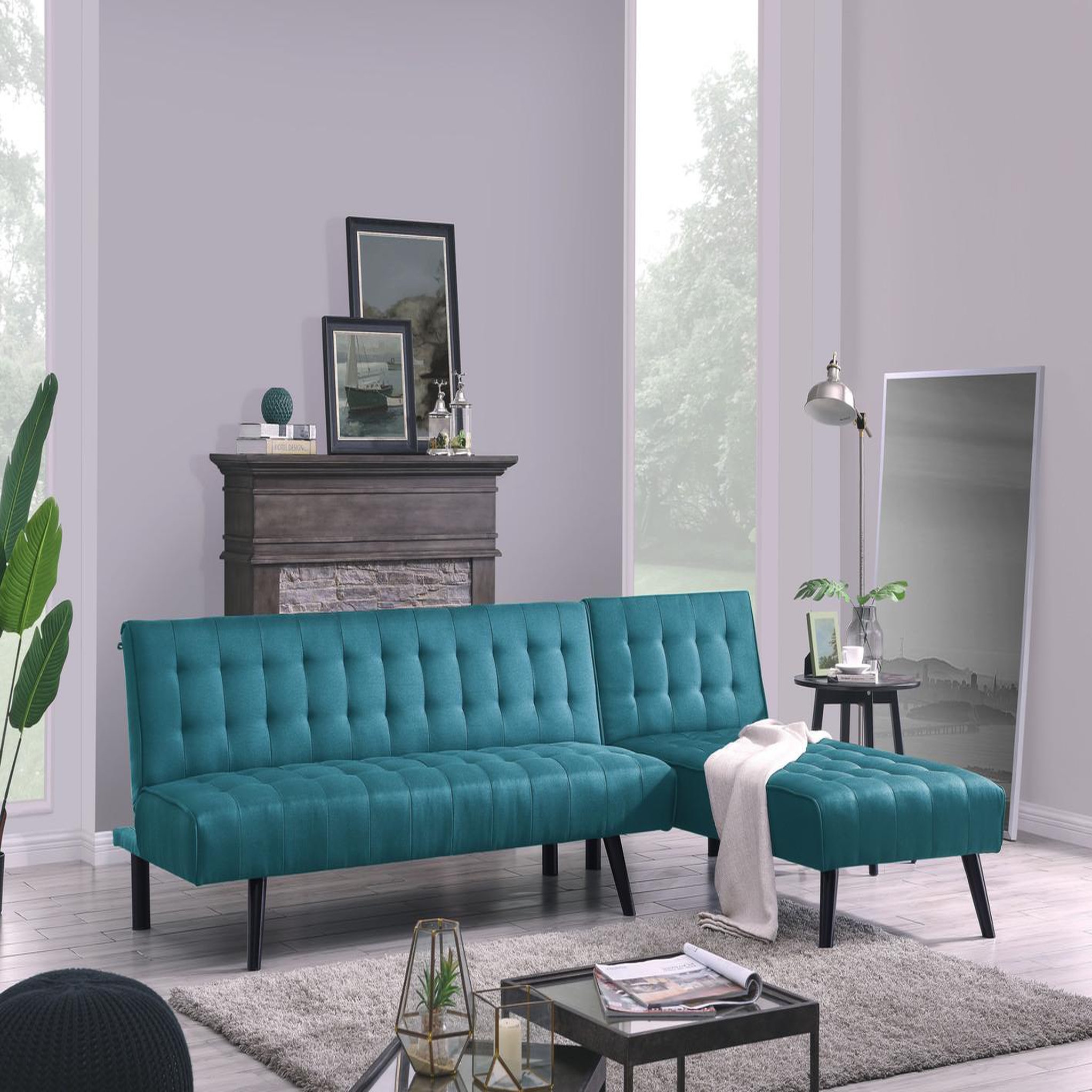 Voir la diapositive 2 : CONCEPT USINE Canapé d'angle réversible convertible 4 places en tissu bleu canard TIM