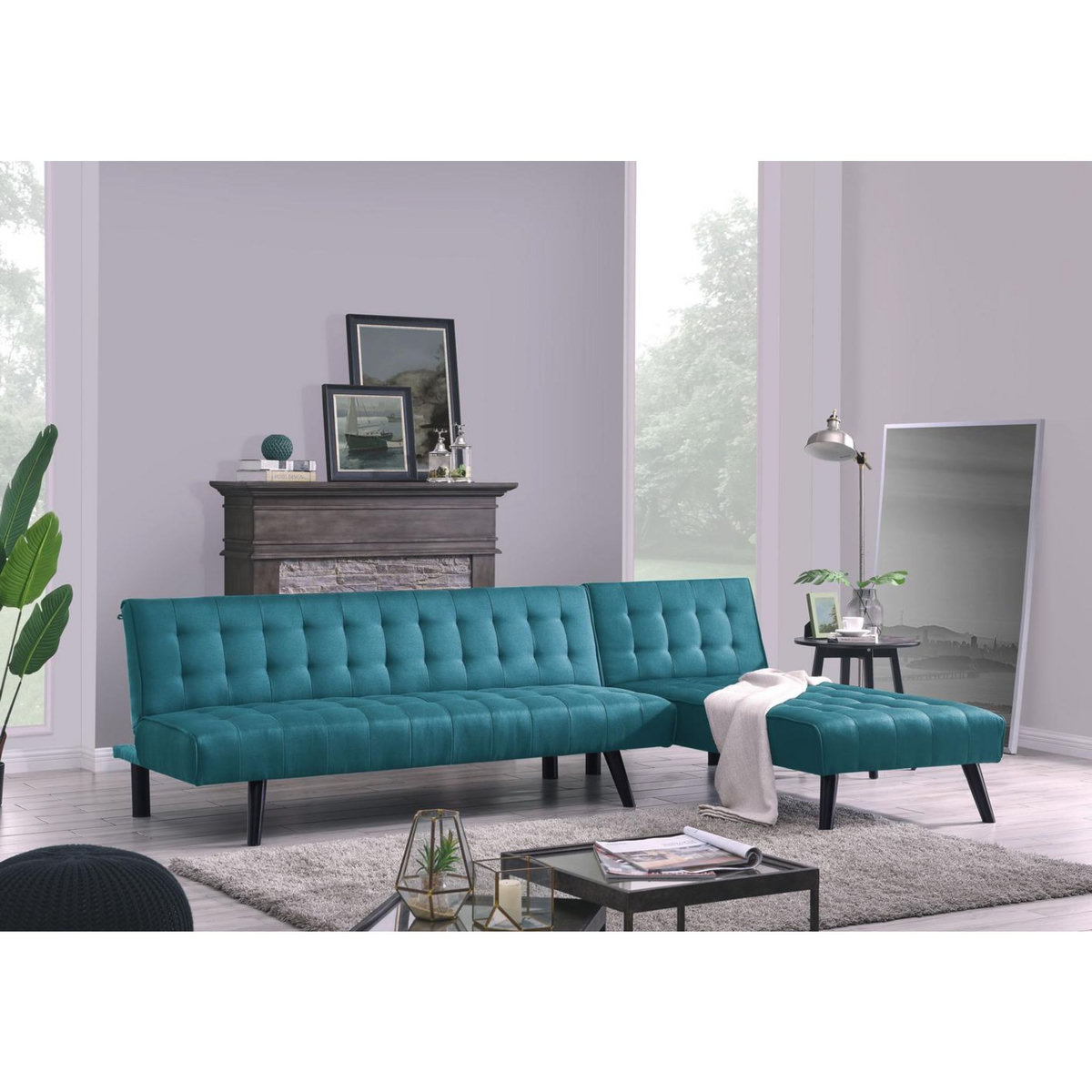 CONCEPT USINE Canapé d'angle réversible convertible 4 places en tissu bleu canard TIM