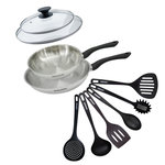 Fackelmann Set 2 poêles 24 et 28 cm en inox, couvercles verre et 6 ustensiles Fackelmann Geneva