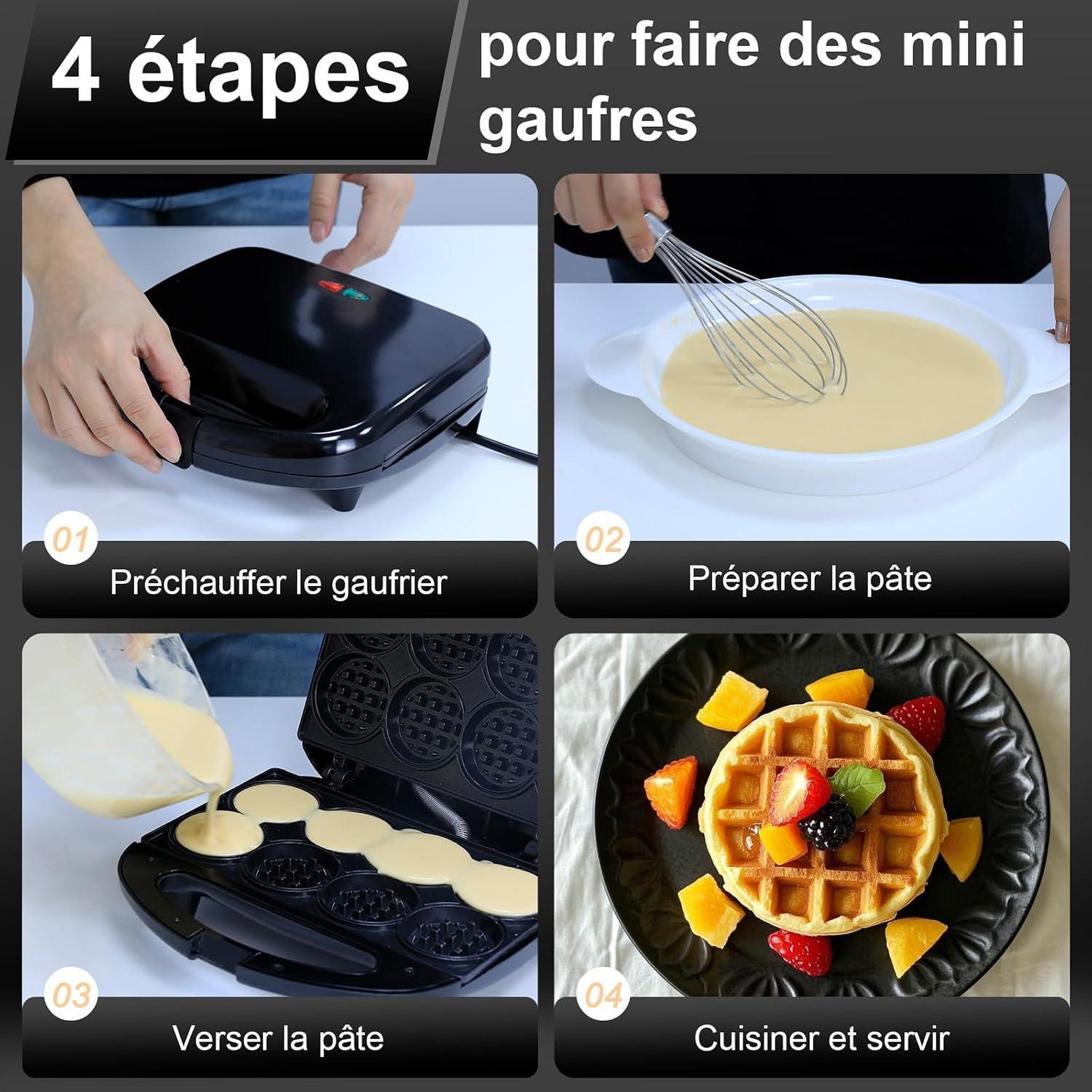 Voir la diapositive 4 : YASHE Mini gaufrier, 750 W, 8 gaufres de 5 cm, noir
