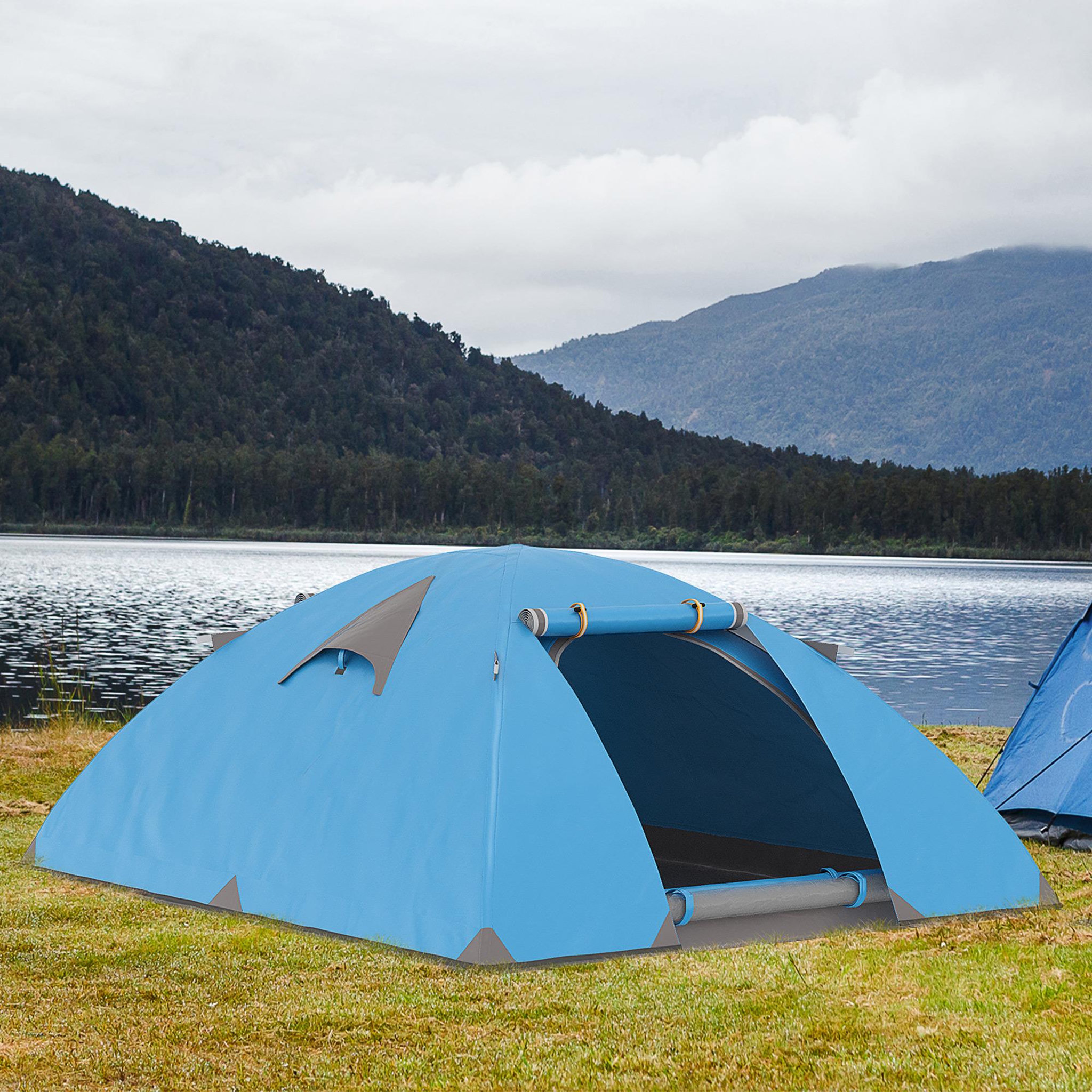 Voir la diapositive 2 : OUTSUNNY Tente de camping 2-3 personnes dim. 268L x 214l x 103H cm - 2 portes zippées, tapis sol, sac transport - alu. polyester gris bleu