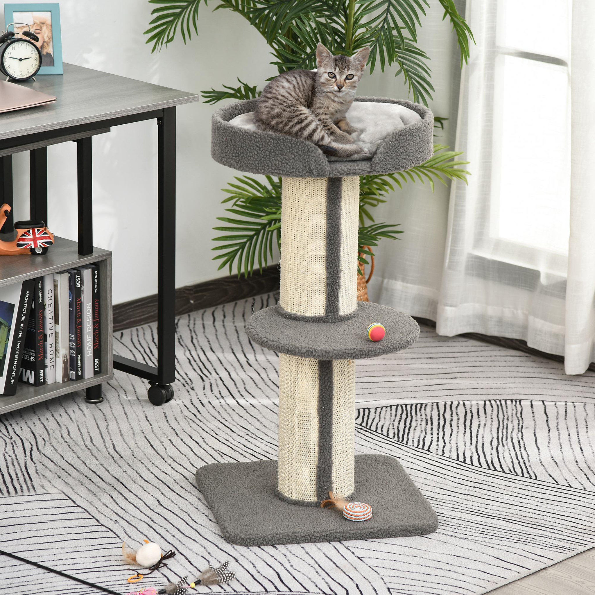 Voir la diapositive 2 : PAWHUT Arbre à chat avec griffoir centre d'activités 2 plateformes coussin gris