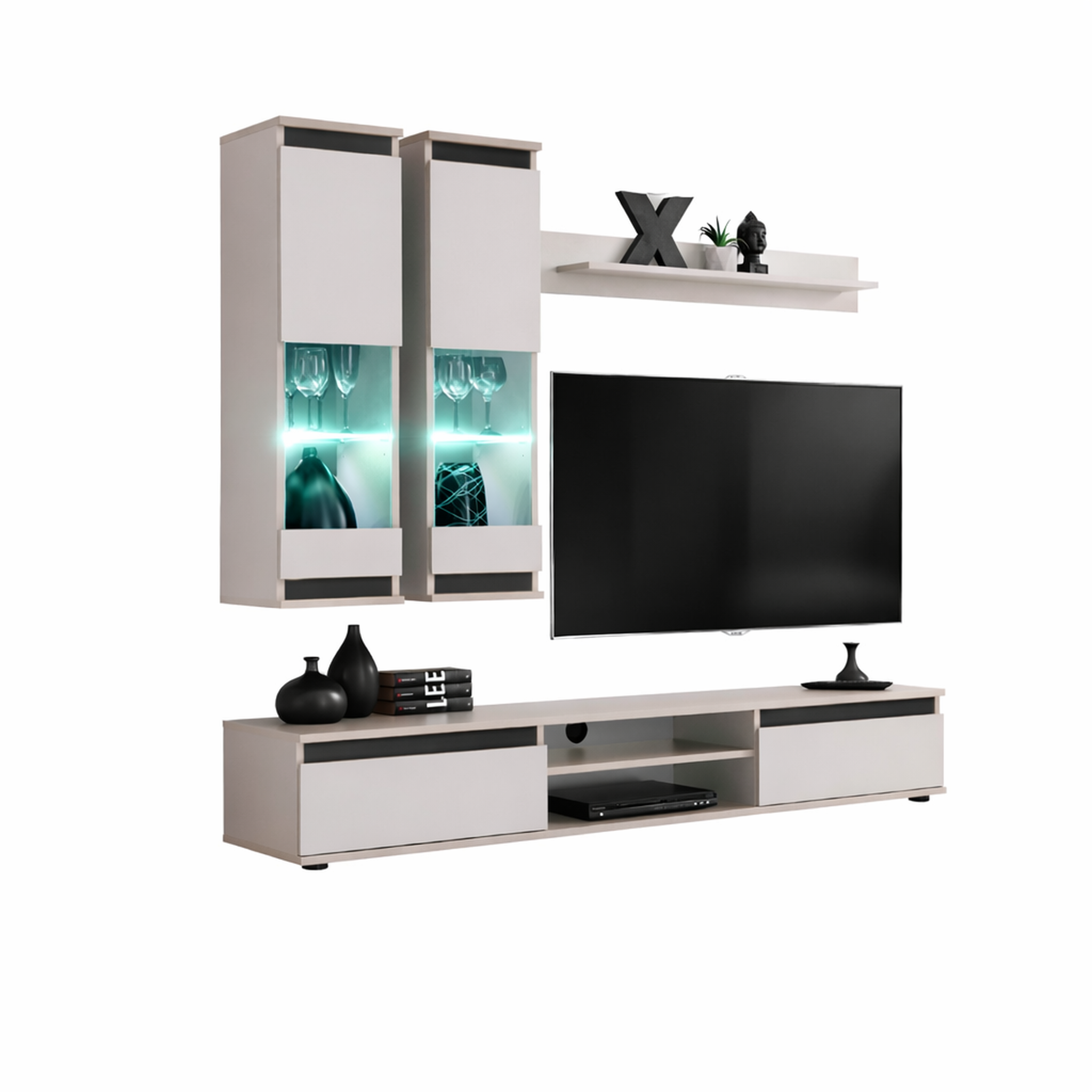 JLC KREATION Ensemble tv mural moderne beige et noir avec vitrines oudini
