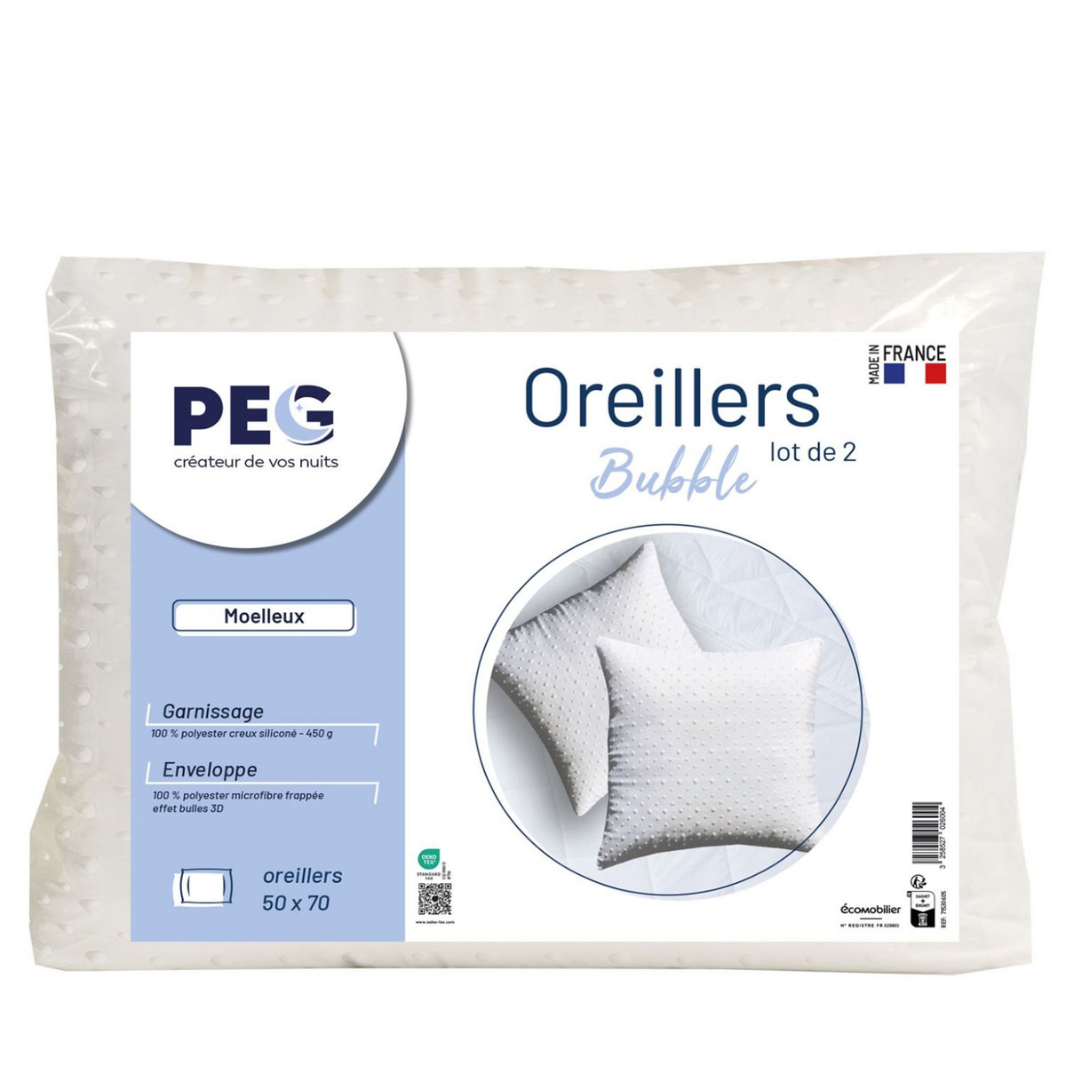 PEG Lot de 2 oreillers confort moelleux en microfibre 
