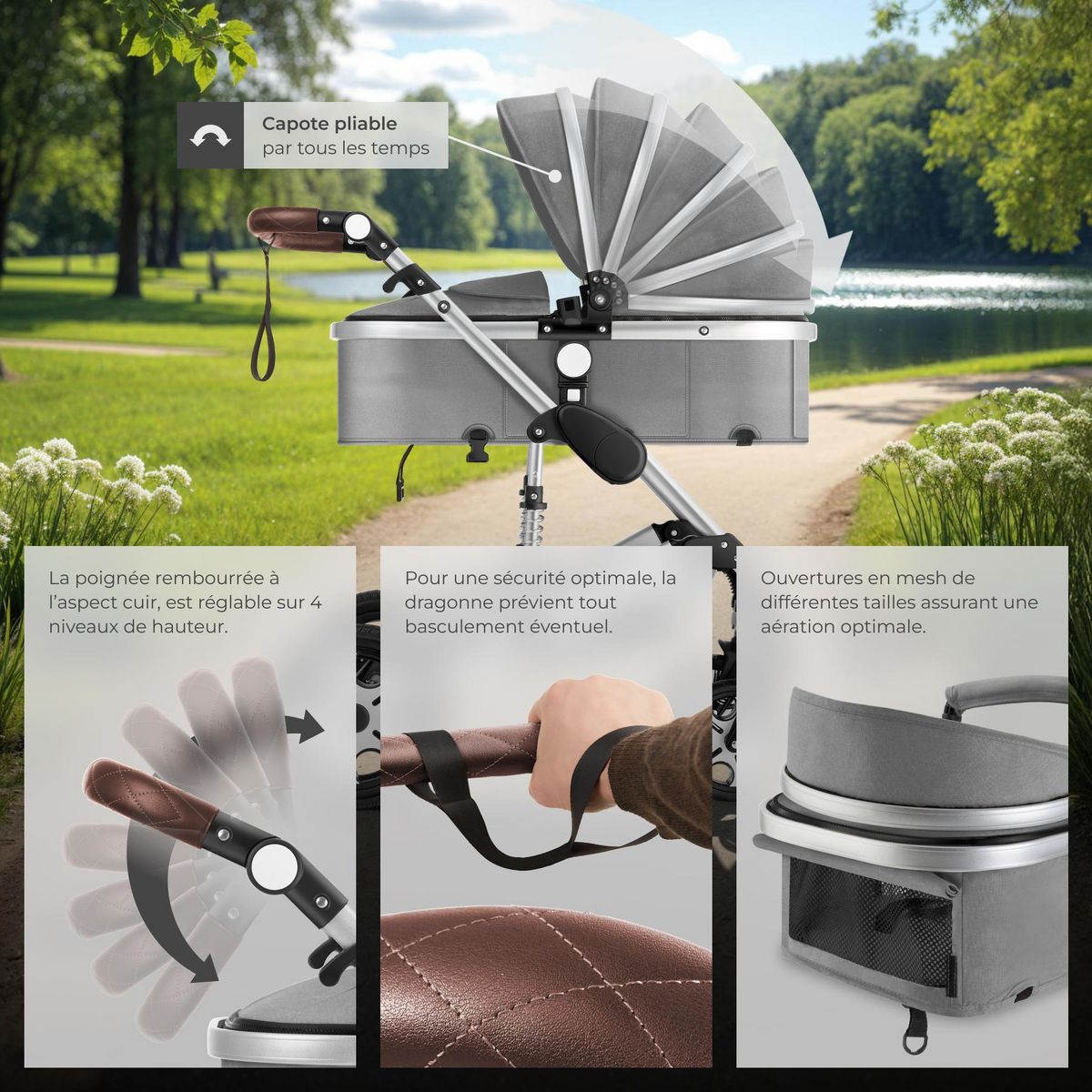 tectake Poussette combinée 2-en-1 pliable avec harnais à 5 points, frein, arceau de sécurité et dragonne gris