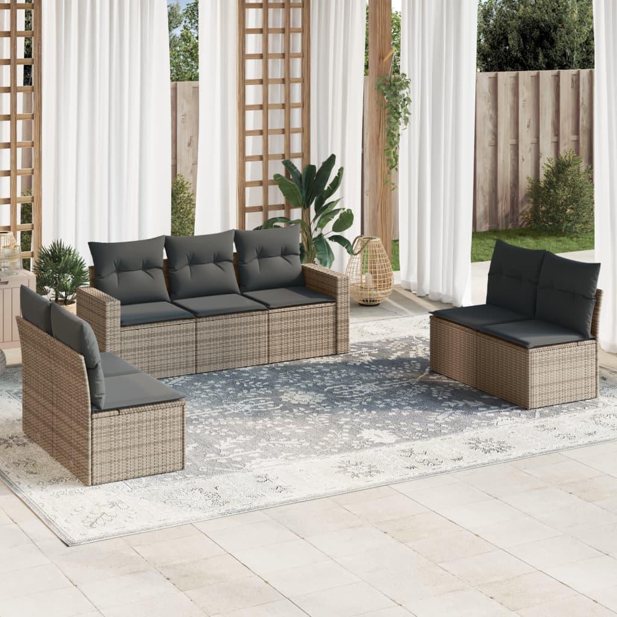 VIDAXL Salon de jardin avec coussins 7 pcs gris resine tressee