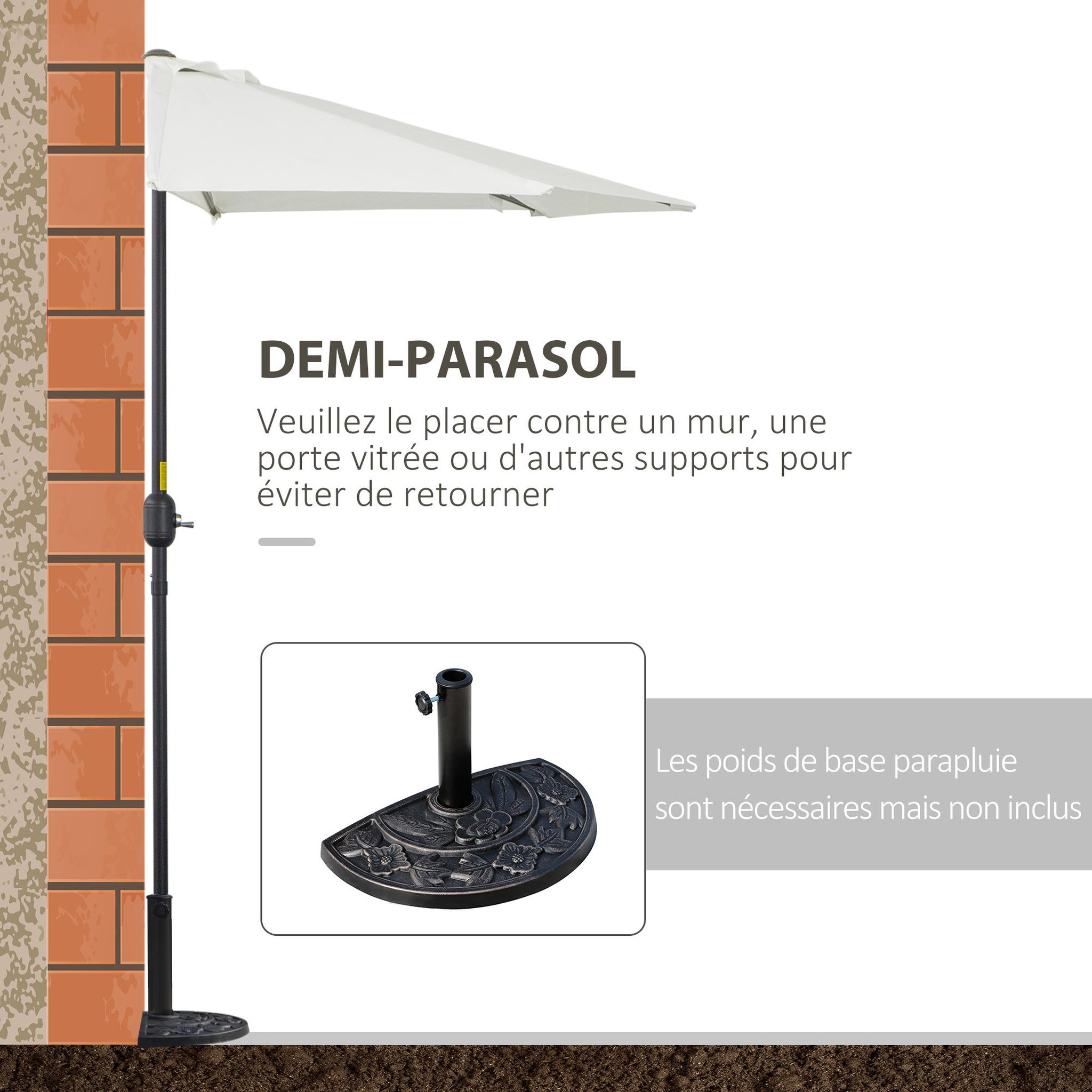 Voir la diapositive 5 : OUTSUNNY Demi parasol, parasol de balcon 5 entretoises métal polyester 2,69L x 1,38l x 2,36H m crème