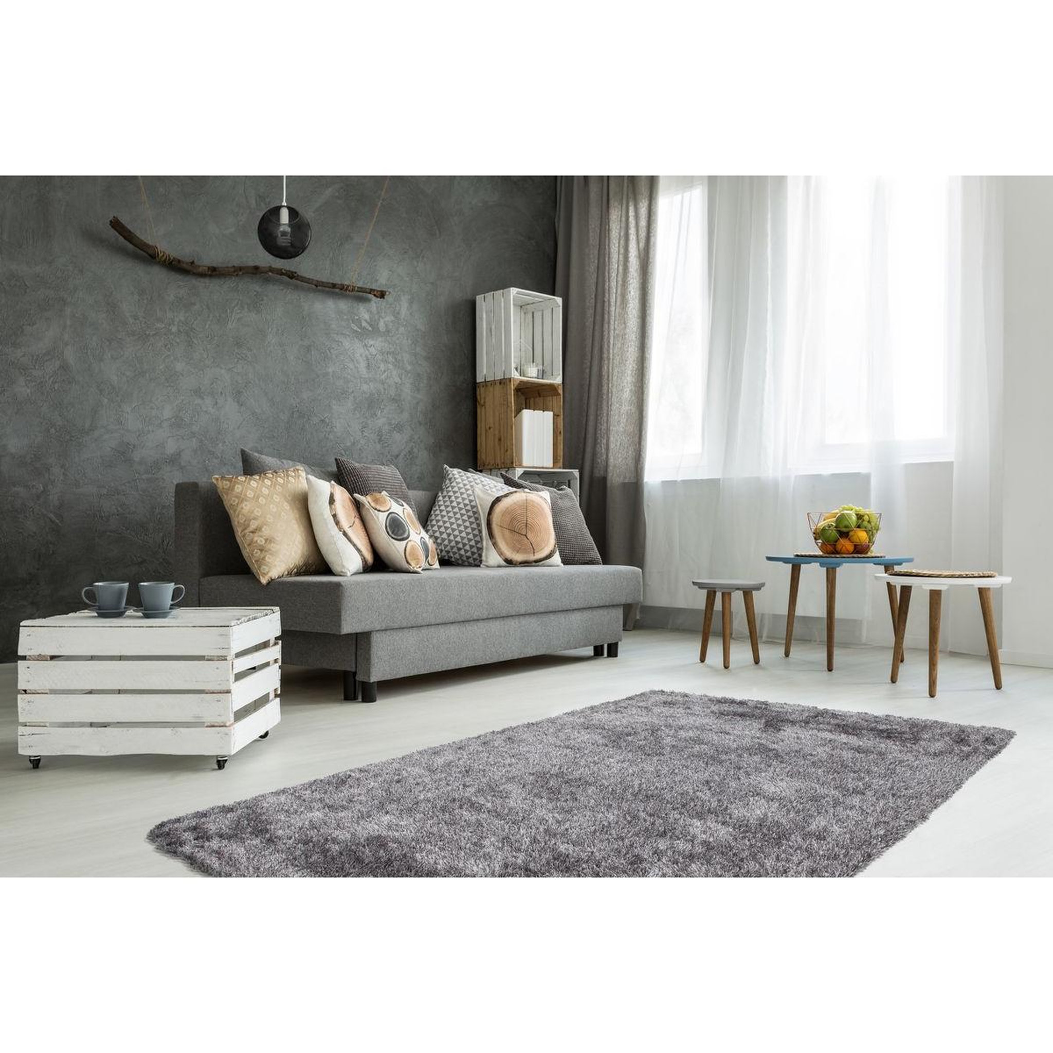 Voir la diapositive 2 : Paris Prix Tapis Shaggy Fait Main  Diamond  Gris Blanc