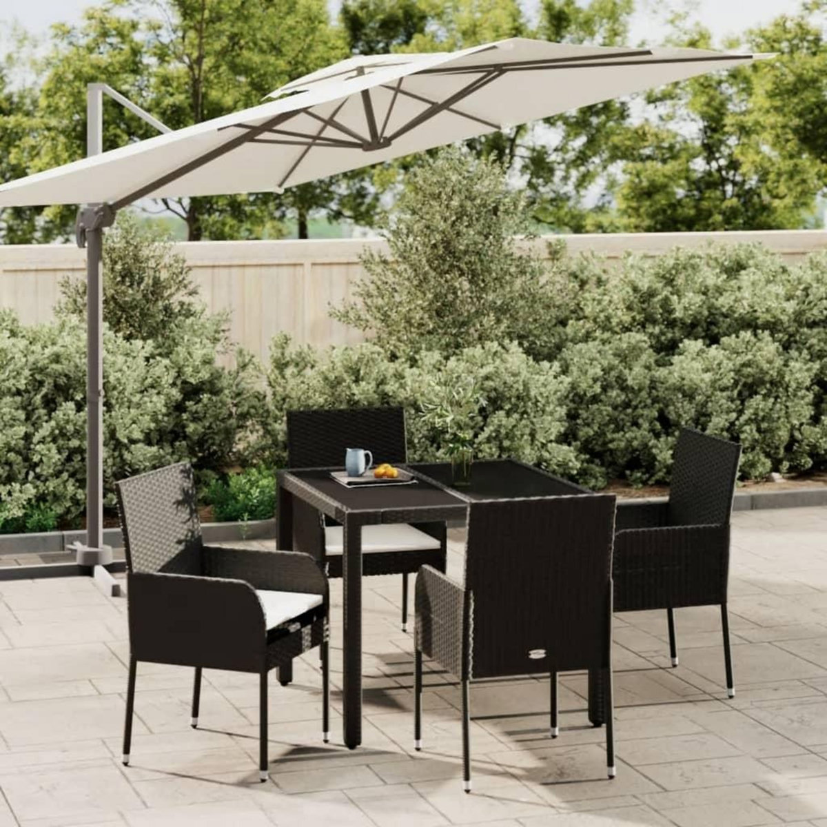 VIDAXL Ensemble a manger de jardin coussins 5pcs Noir Resine tressee