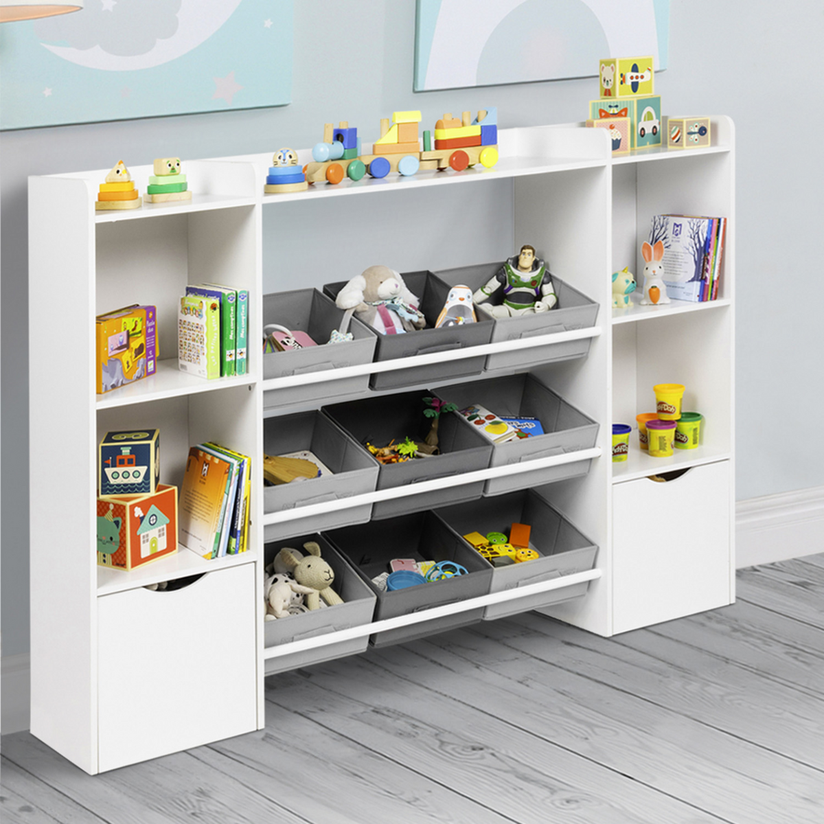 ID MARKET Meuble de rangement enfant MANA 7 étagères, 9 bacs en tissu et 2 cubes sur roulettes blanc
