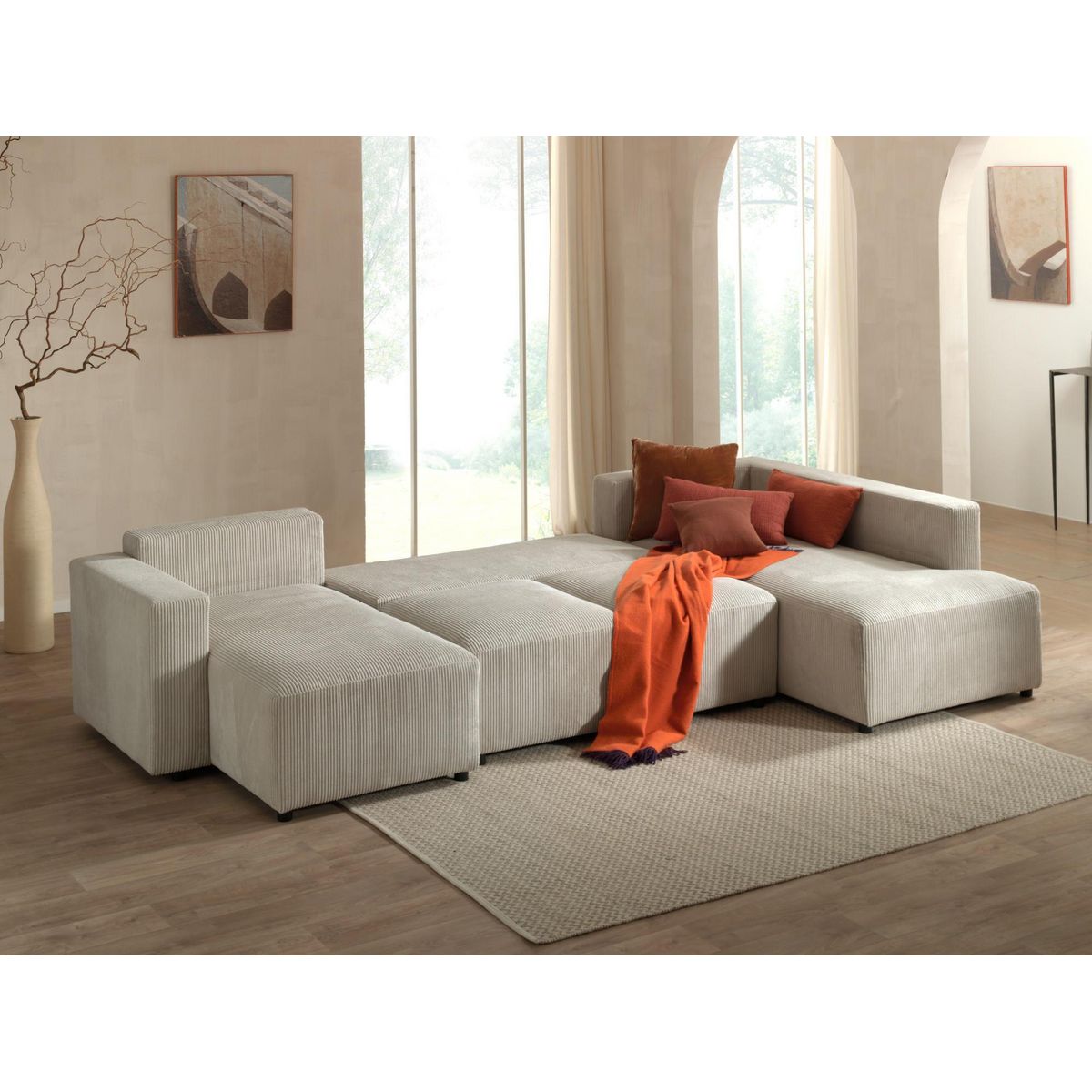 LISA DESIGN Livy - canapé panoramique convertible - avec coffre - en velours côtelé - 7 places - droit