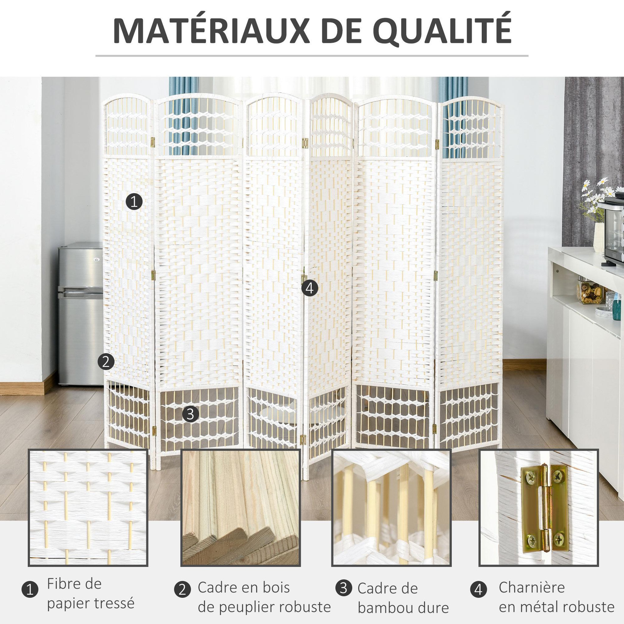 Voir la diapositive 5 : HOMCOM Paravent intérieur 6 panneaux pliables séparateur de pièce bois de peuplier bambou fibres de papier tressée blanc paille