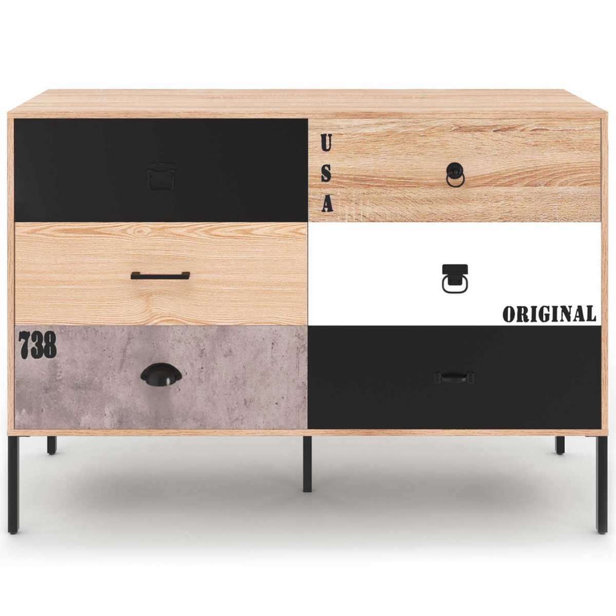 ID MARKET Commode 6 tiroirs SACRAMENTO 115 cm design industriel dépareillé