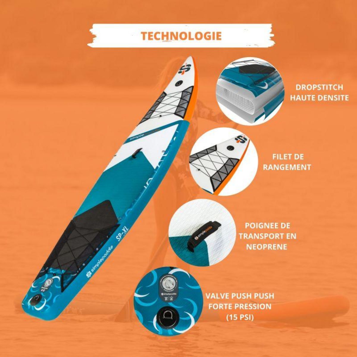 SIMPLE PADDLE Paddle Gonflable RACE 12' 30'' 6  (340 x 76 x 15 cm) avec Pagaie, Leash, Pompe et Sac de Transport