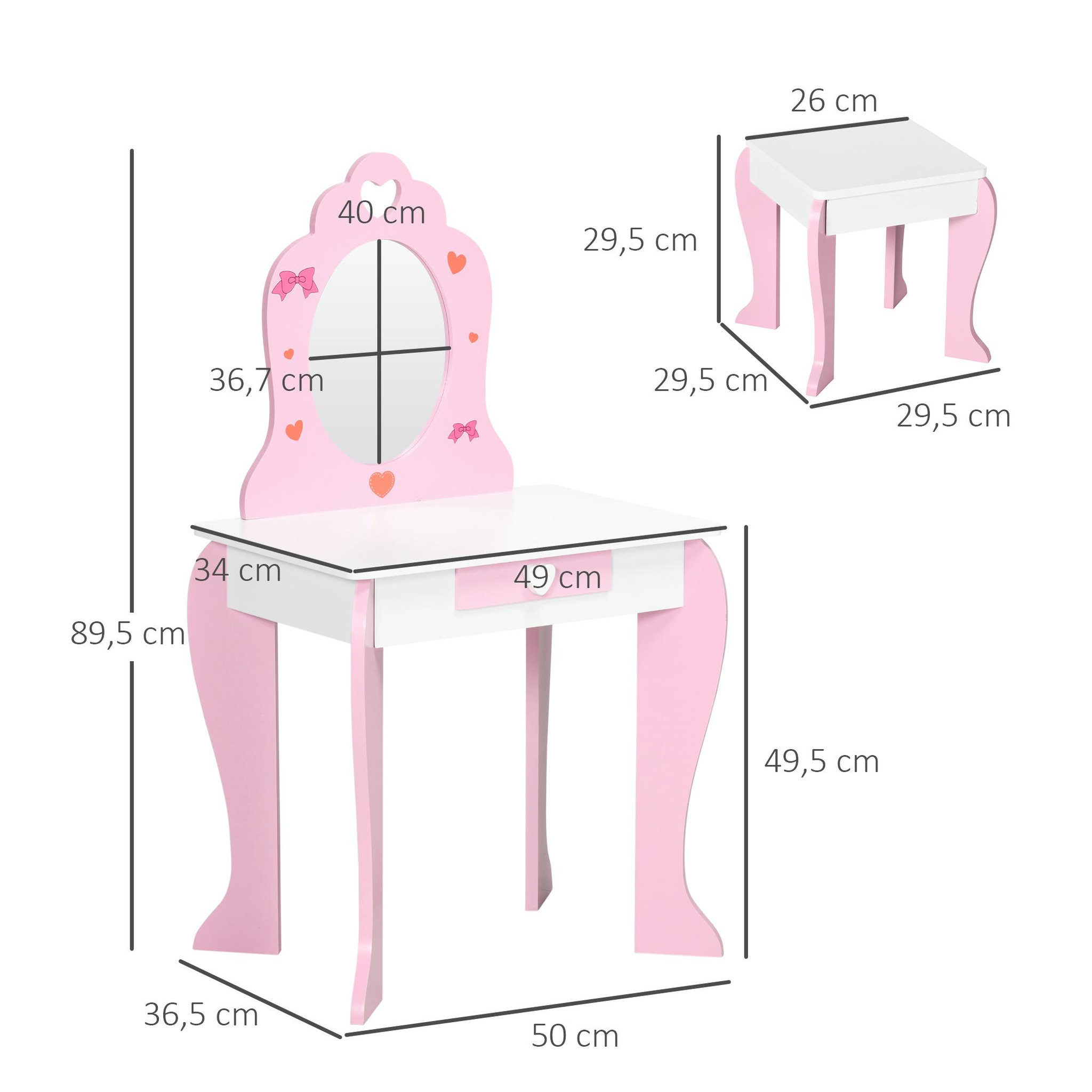 Voir la diapositive 3 : HOMCOM Coiffeuse enfant design girly motif coeur - tiroir, miroir, tabouret inclus - MDF - blanc rose