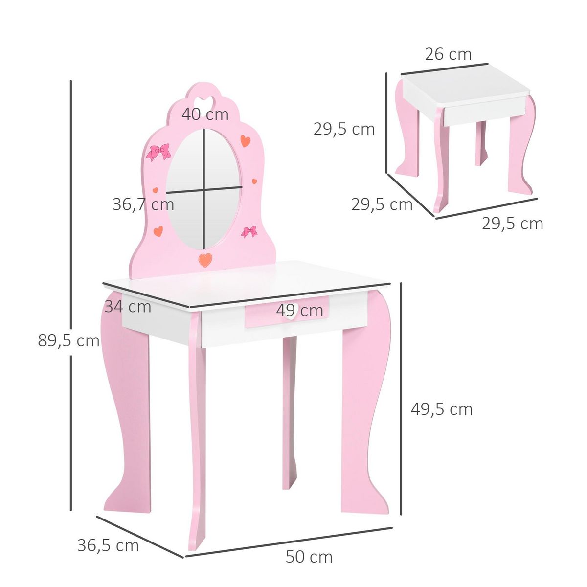 HOMCOM Coiffeuse enfant design girly motif coeur - tiroir, miroir, tabouret inclus - MDF - blanc rose