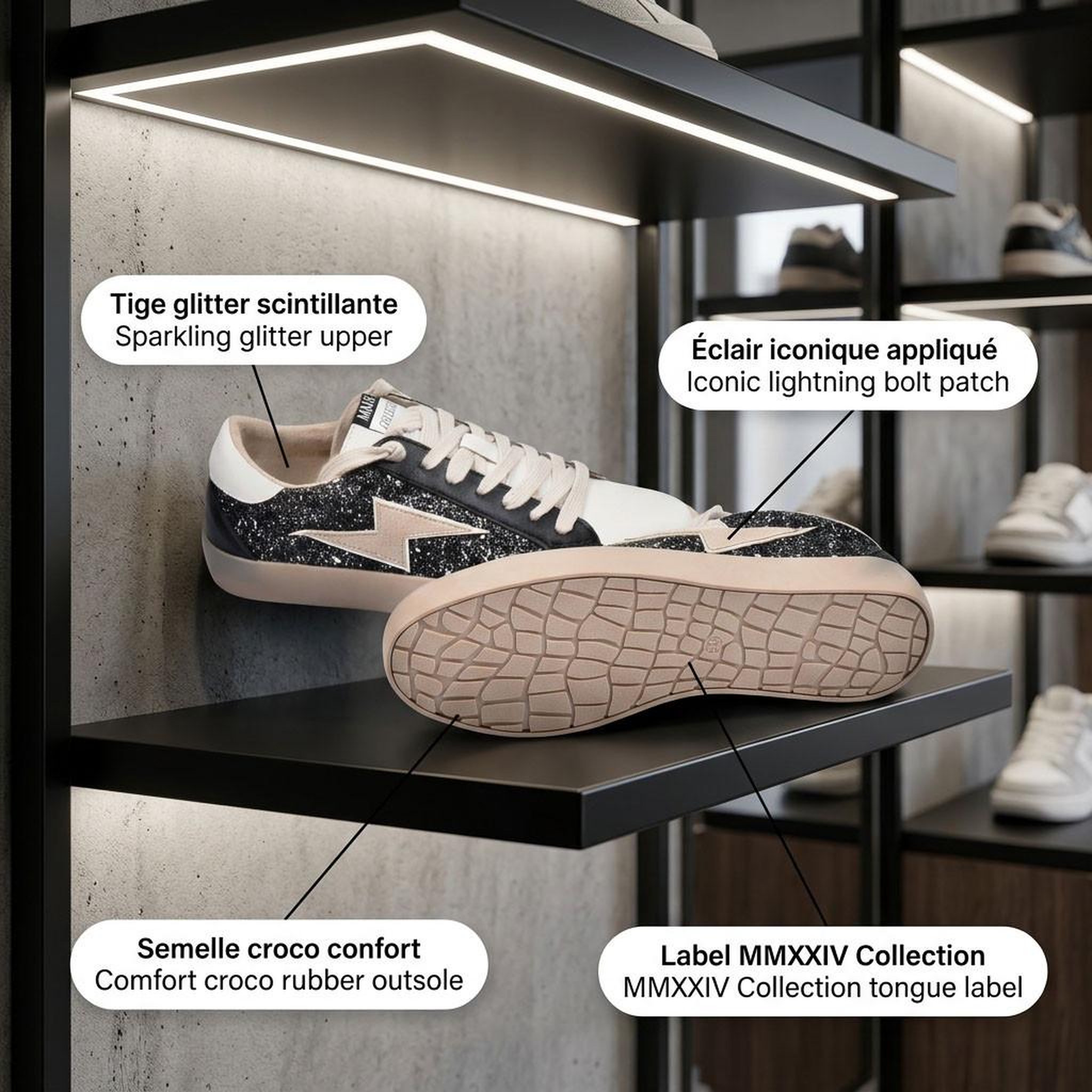 Voir la diapositive 4 : OZABI OZABI Baskets Sneakers Glitter Femme Éclair Plateforme MMXXIV