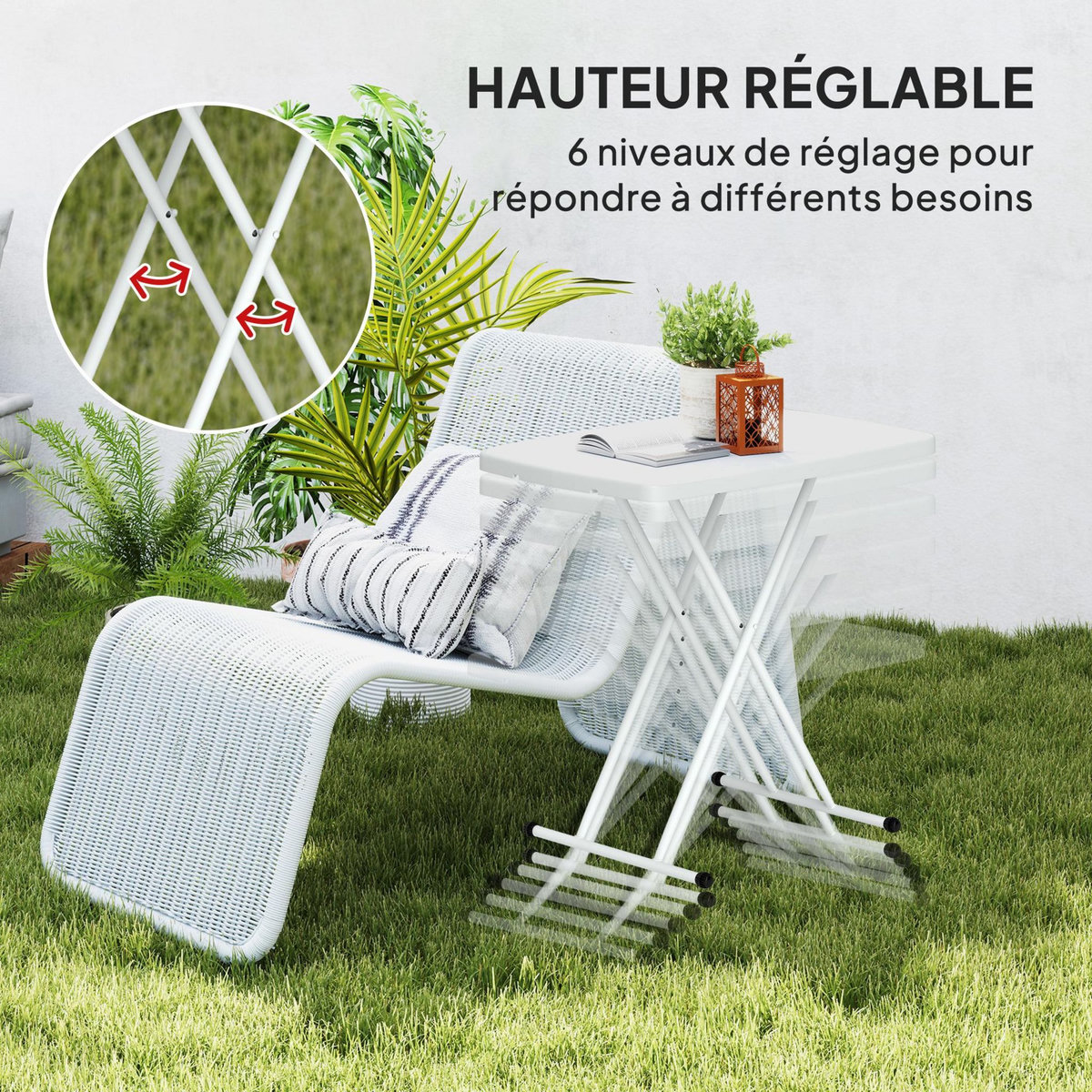 OUTSUNNY Table d'appoint pliable de jardin hauteur réglable 6 niveaux HDPE métal blanc