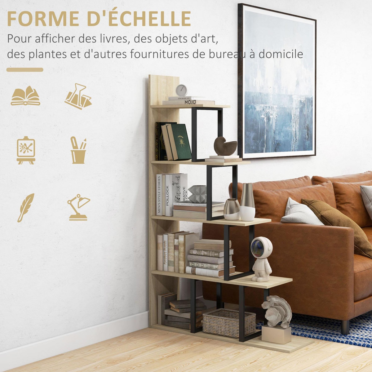 HOMCOM Étagère bibliothèque séparateur de pièce style industriel en escalier 5 étagères acier noir panneaux aspect bois chêne clair