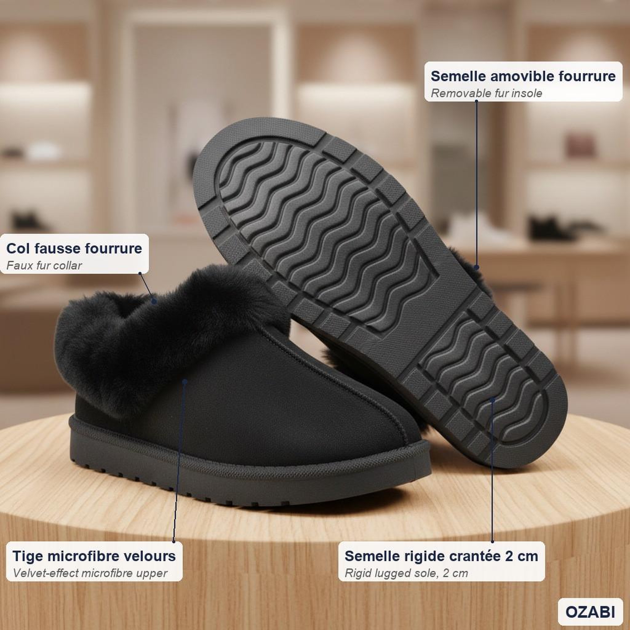 Voir la diapositive 4 : OZABI OZABI Pantoufles Femme Hiver Scandinave, Semelle Crantée Intérieur Extérieur