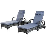 OUTSUNNY Lot de 2 bains de soleil inclinables tout confort avec table d'appoint résine tressée gris