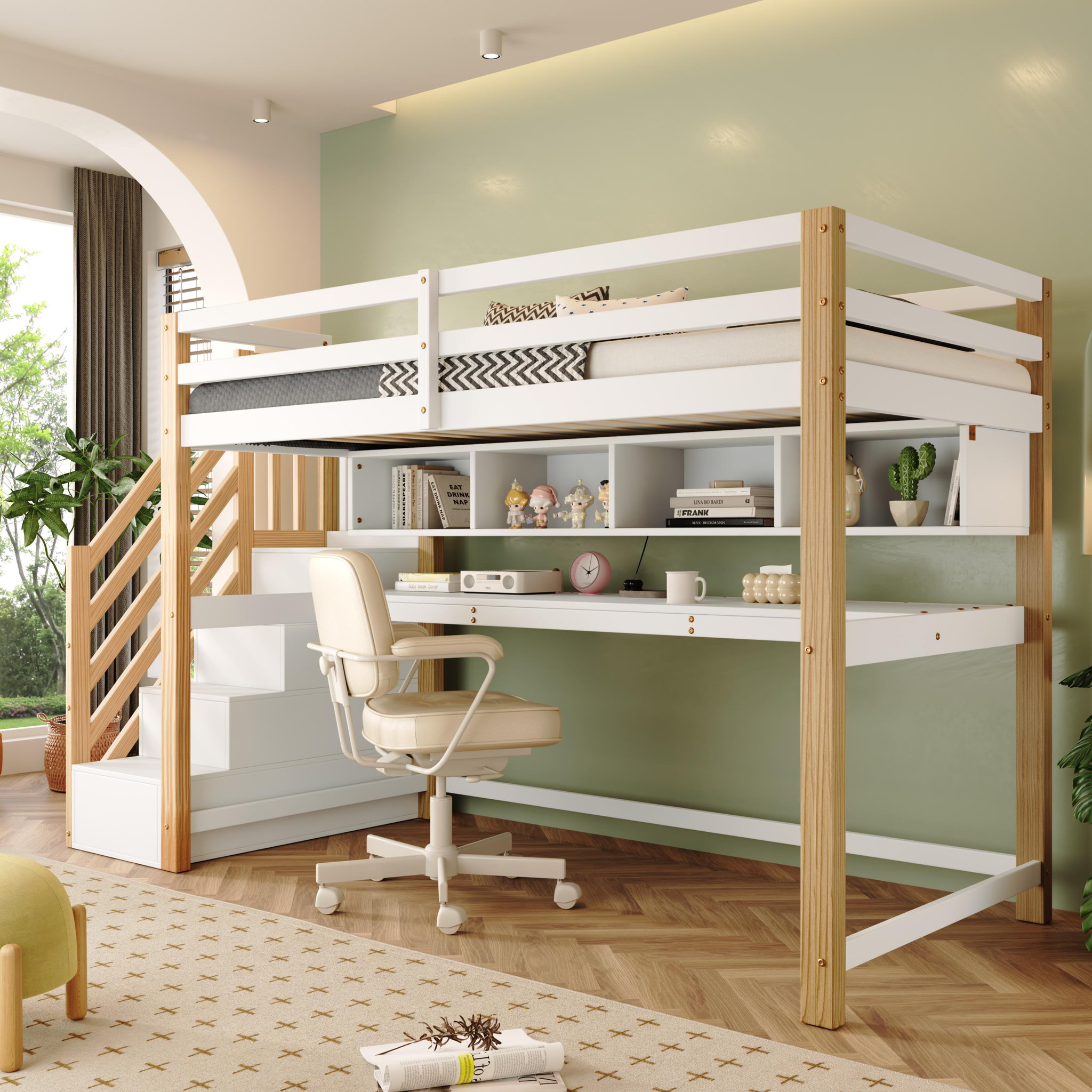 Voir la diapositive 5 : MERAX Lit combiné enfant 90x200cm bois coloris blanc+naturel