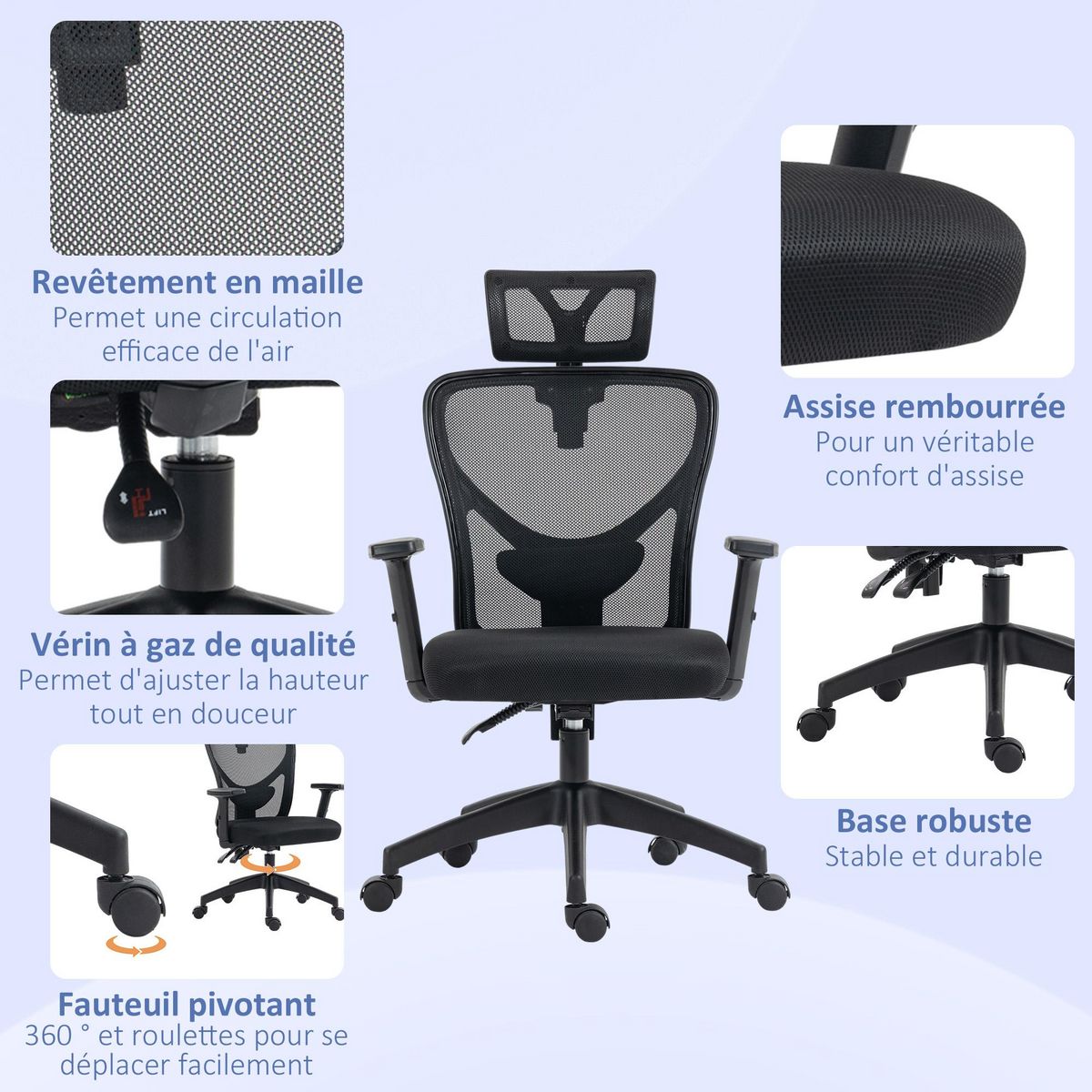 VINSETTO Fauteuil de bureau manager grand confort réglable dossier ergonomique inclinable pivotant tissu maille noir
