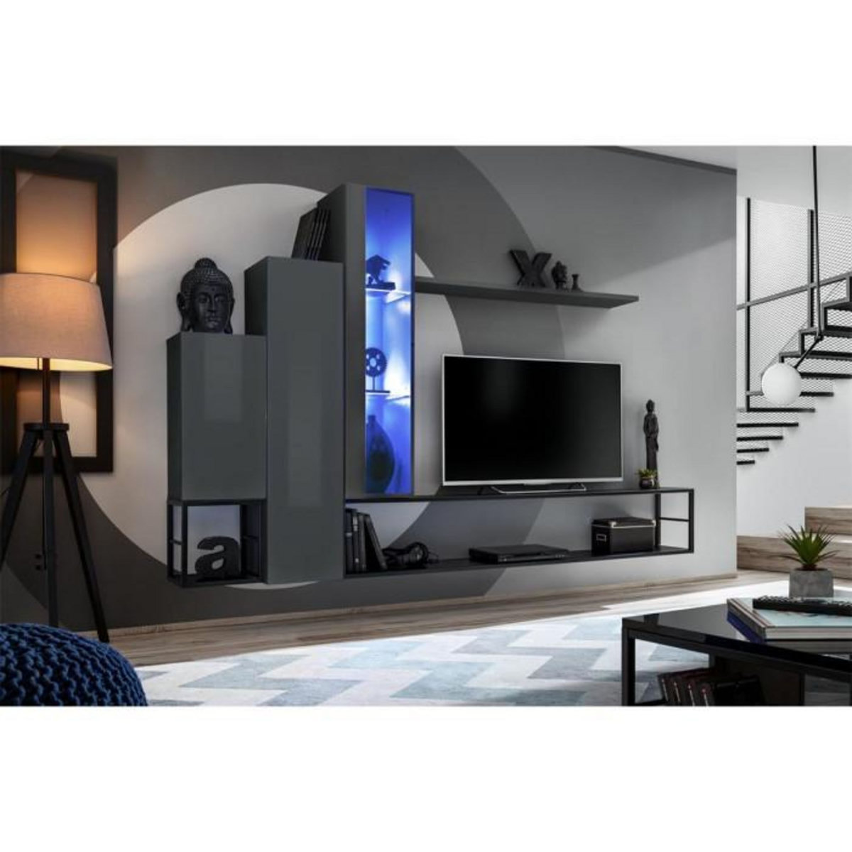 Paris Prix Ensemble Meuble TV Design  Switch VIII  240cm Gris & Noir