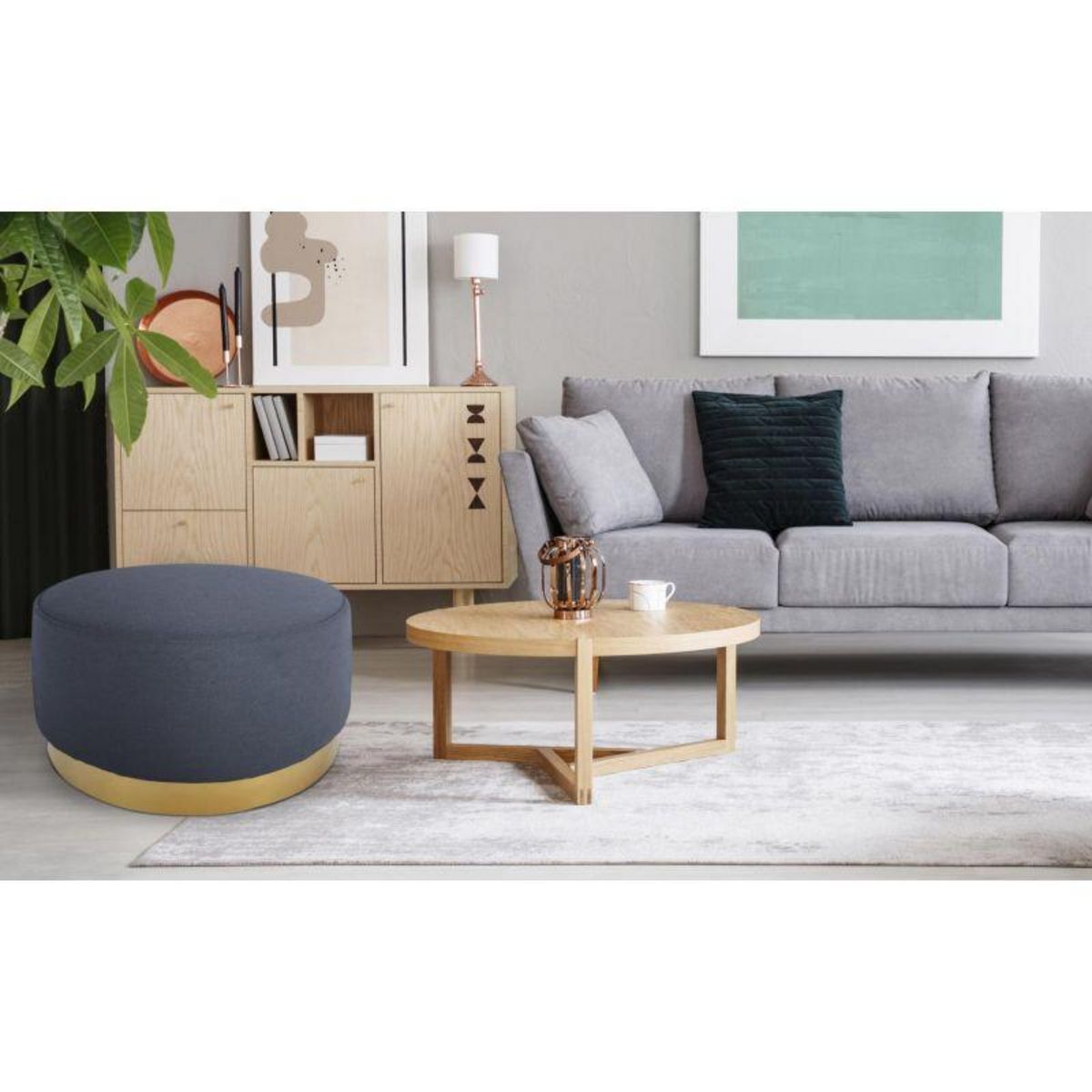 Paris Prix Pouf Rond en Velours Design  Minnie  75cm Gris