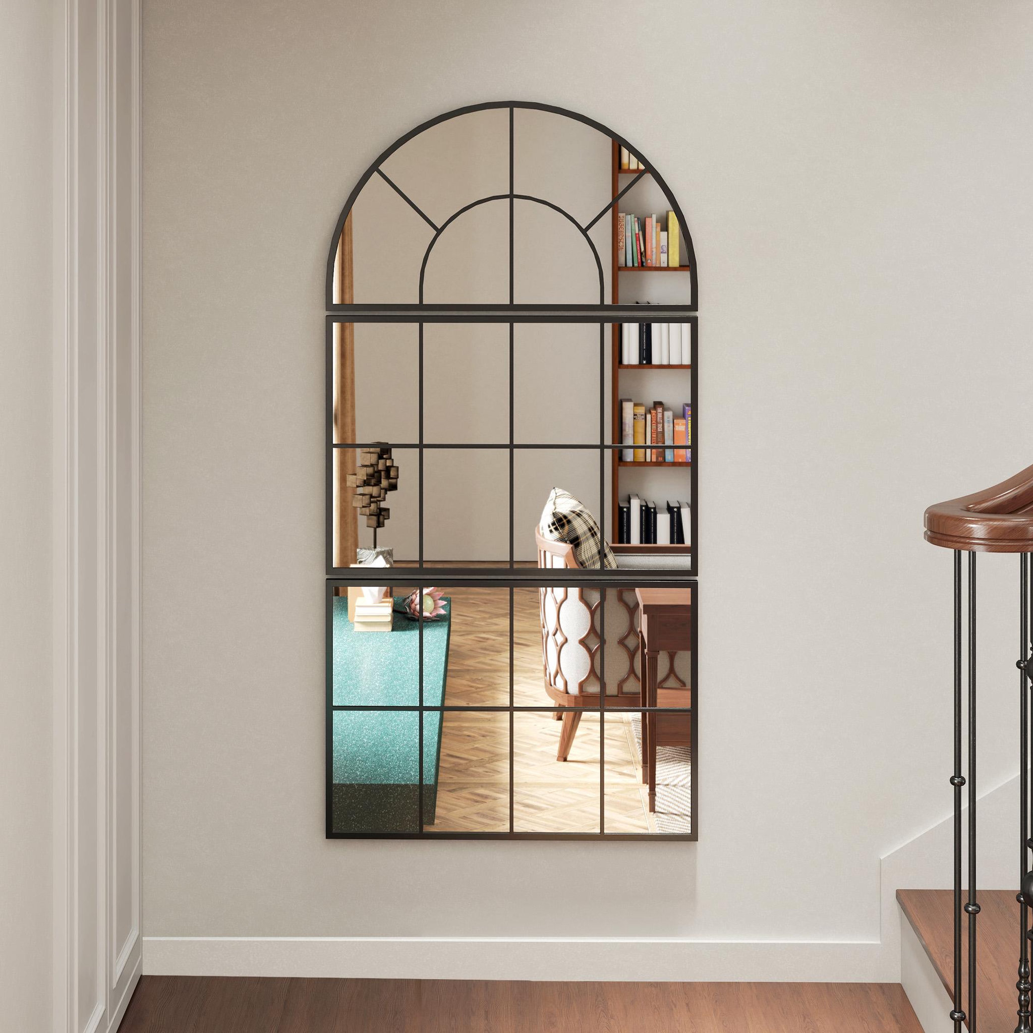 Voir la diapositive 5 : HOMCOM Miroir mural style verrière ensemble de 3 pièces métal noir verre