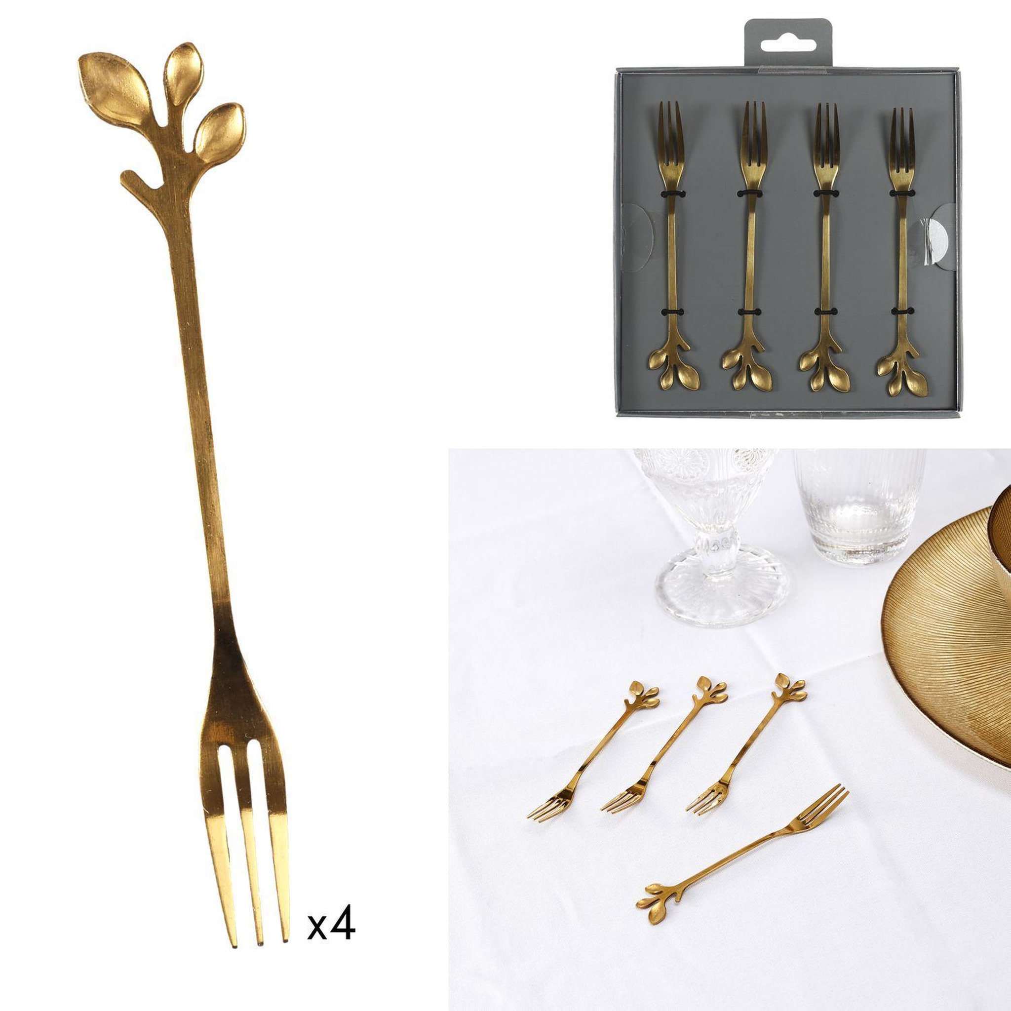 Voir la diapositive 4 : The Home Deco Factory Lot de 4 fourchettes à dessert Feuille - Doré
