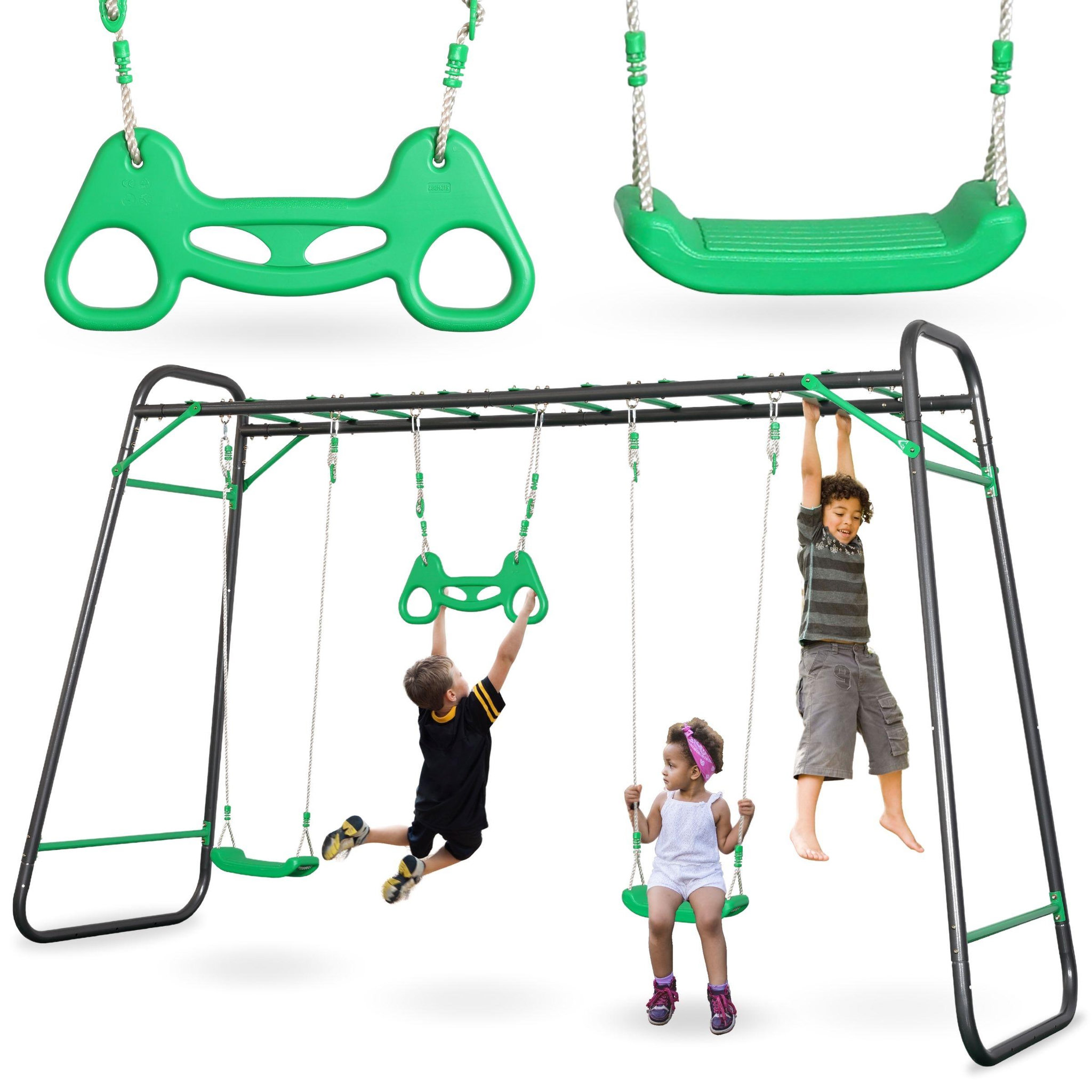 HYPERMOTION Aire de Jeux Jardin XXL HyperMotion - Portique Acier 2 Sièges, Échelle & Trapèze