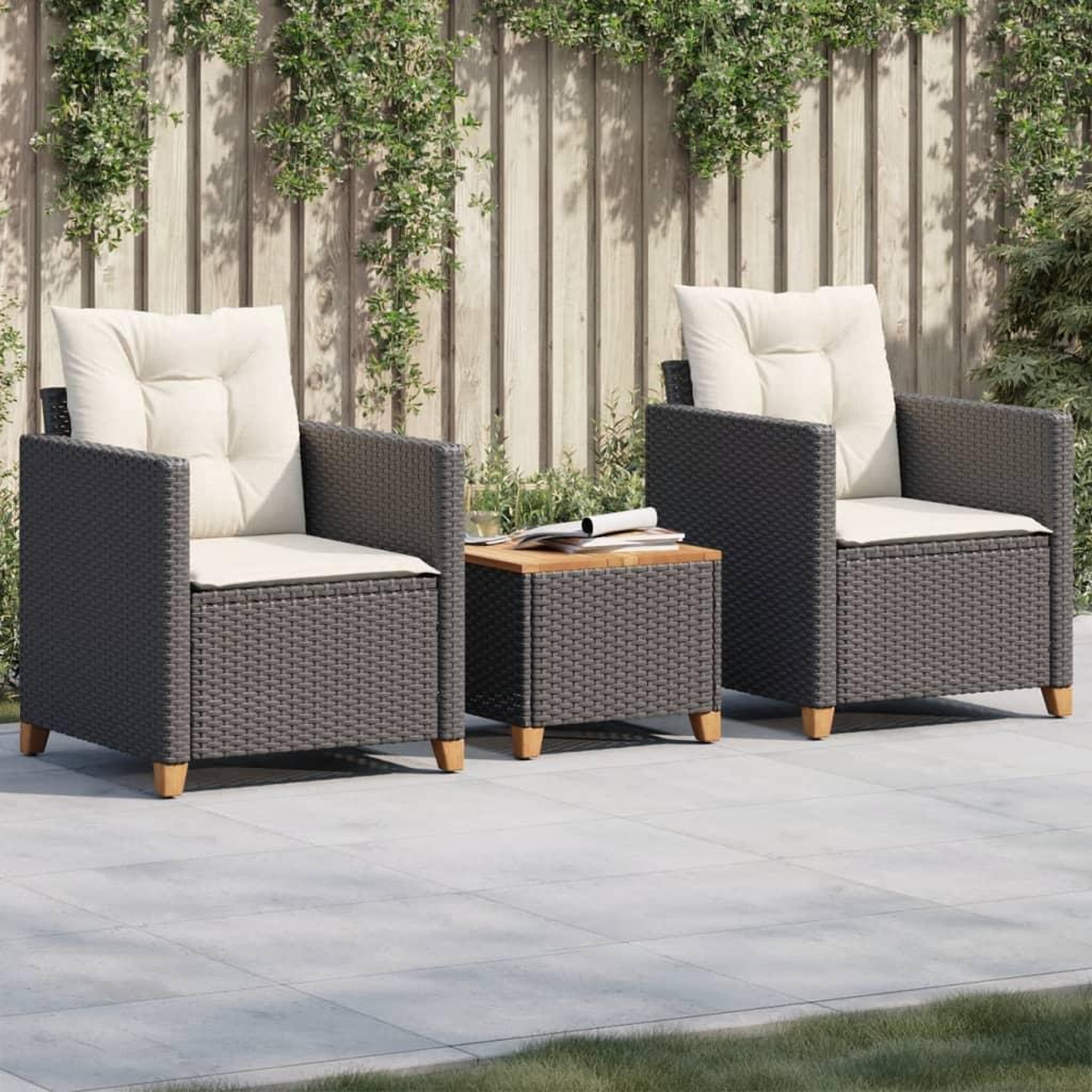 VIDAXL Ensemble de bistro 3 pcs et coussins noir resine tressee acacia
