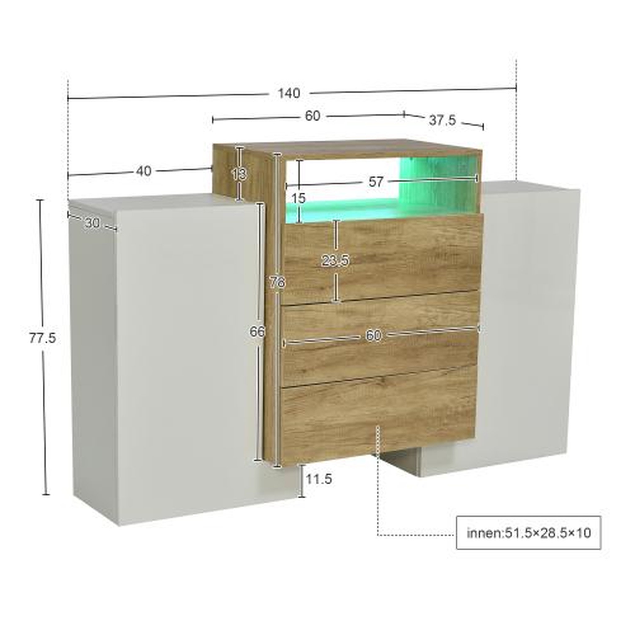 Voir la diapositive 3 : MERAX Buffet 2 porte(s) 3 tiroir(s) - 140 cm blanc+naturel led mdf