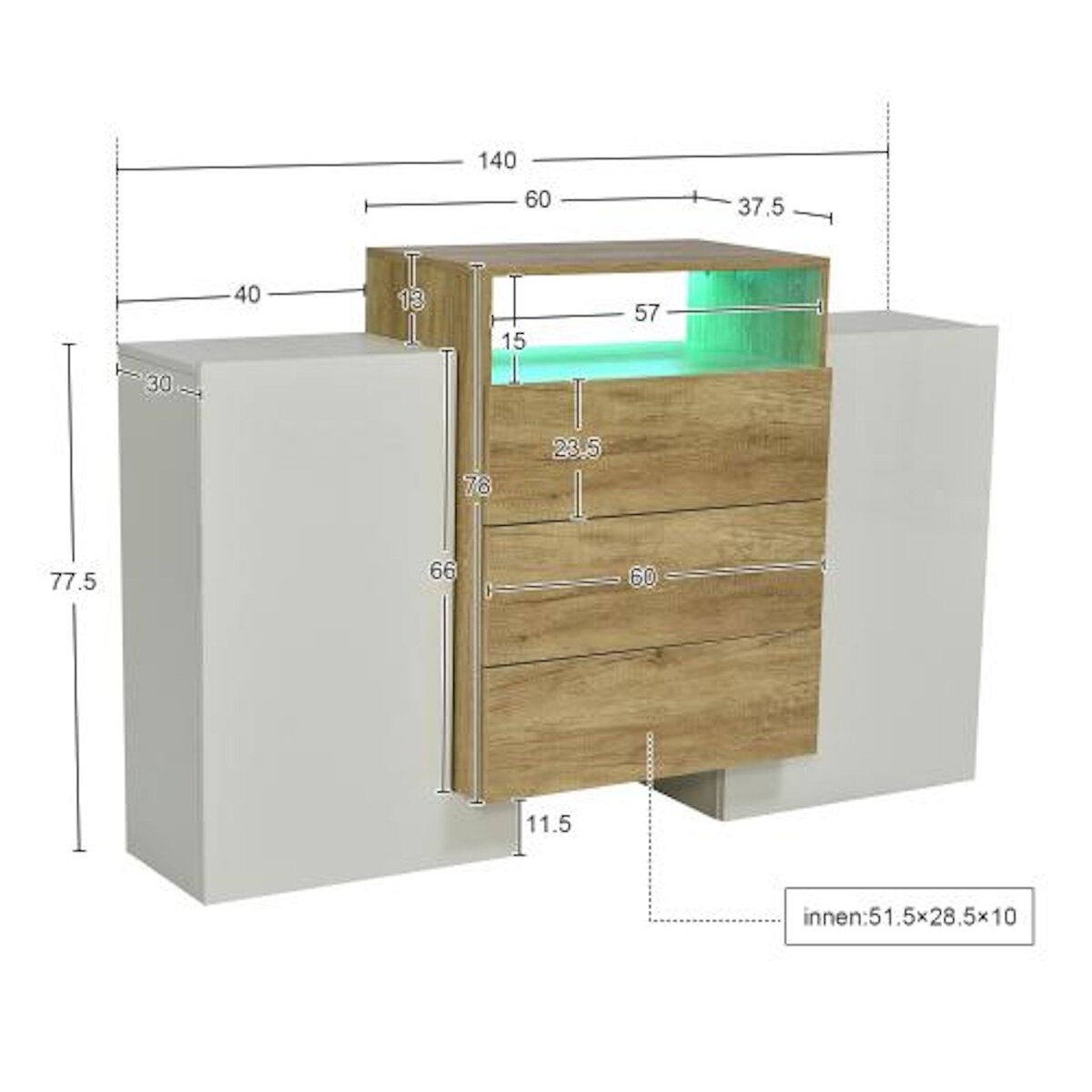 MERAX Buffet 2 porte(s) 3 tiroir(s) - 140 cm blanc+naturel led mdf