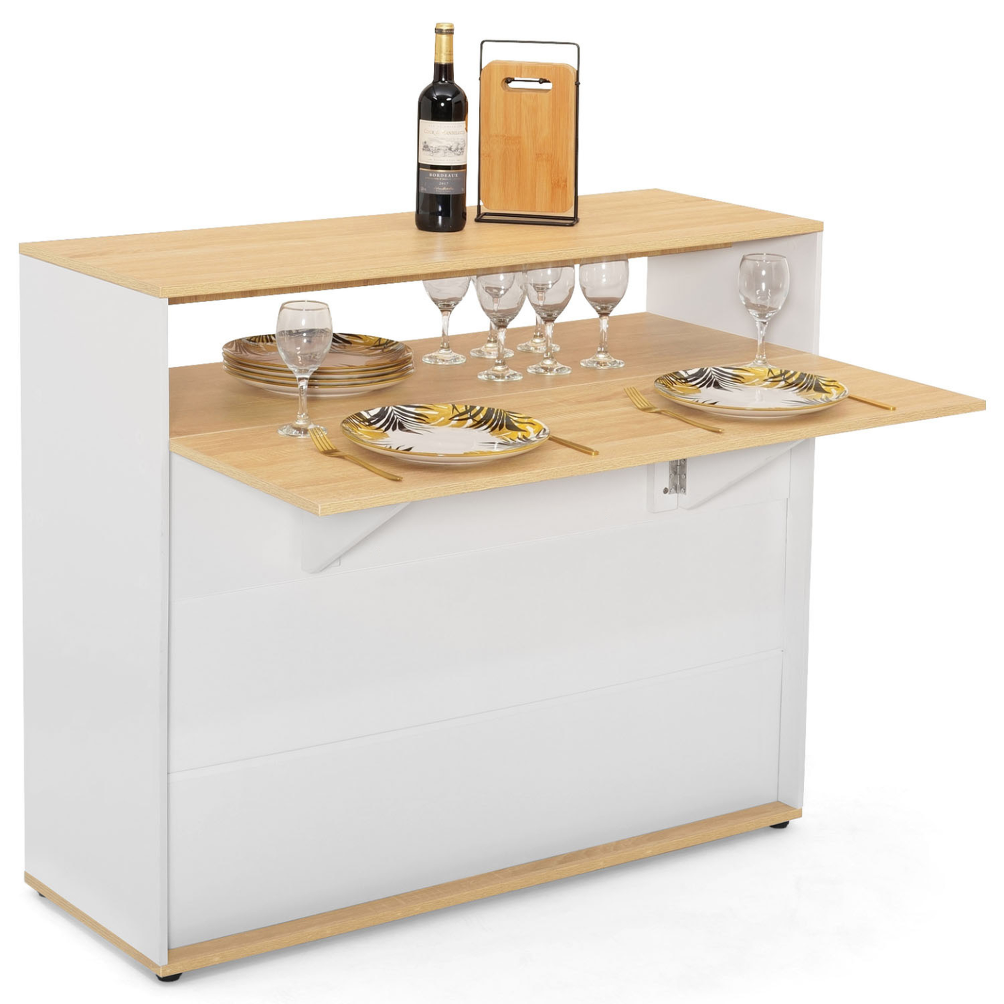 ID MARKET Meuble de bar extensible en table à manger 2 personnes vito blanc et plateau bois