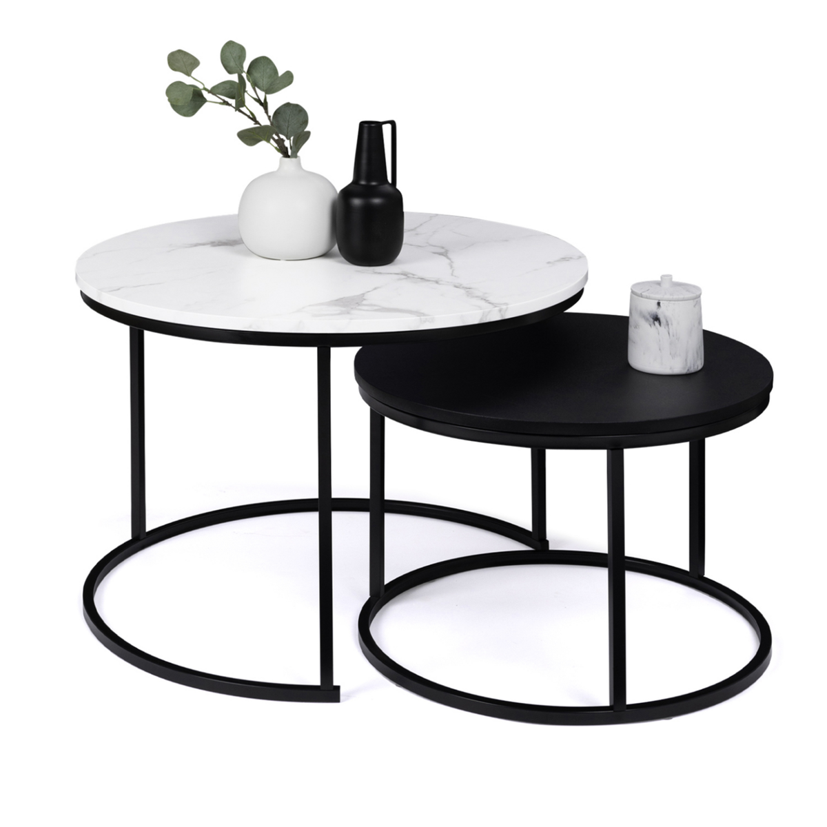 ID MARKET Lot de 2 tables basses gigognes ALASKA rondes 54/70 effet marbre et noir pieds métal