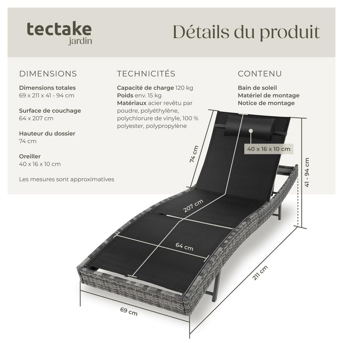 tectake Bain de soleil en rotin résistant et anti-UV gris tacheté