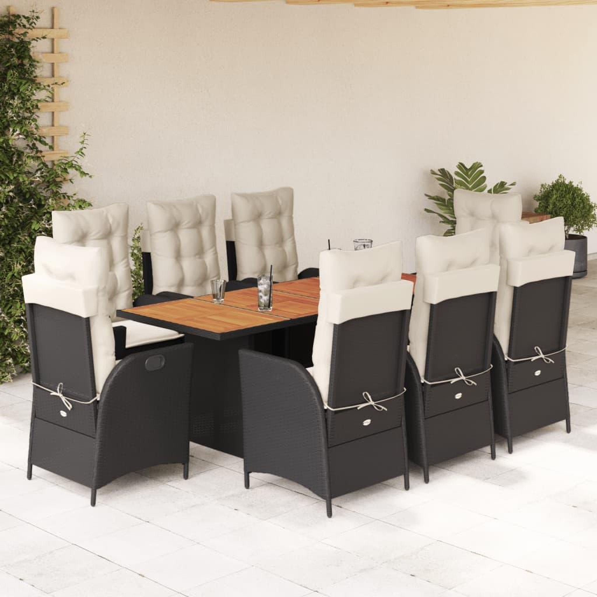 VIDAXL Ensemble a manger de jardin 9pcs coussins noir resine tressee