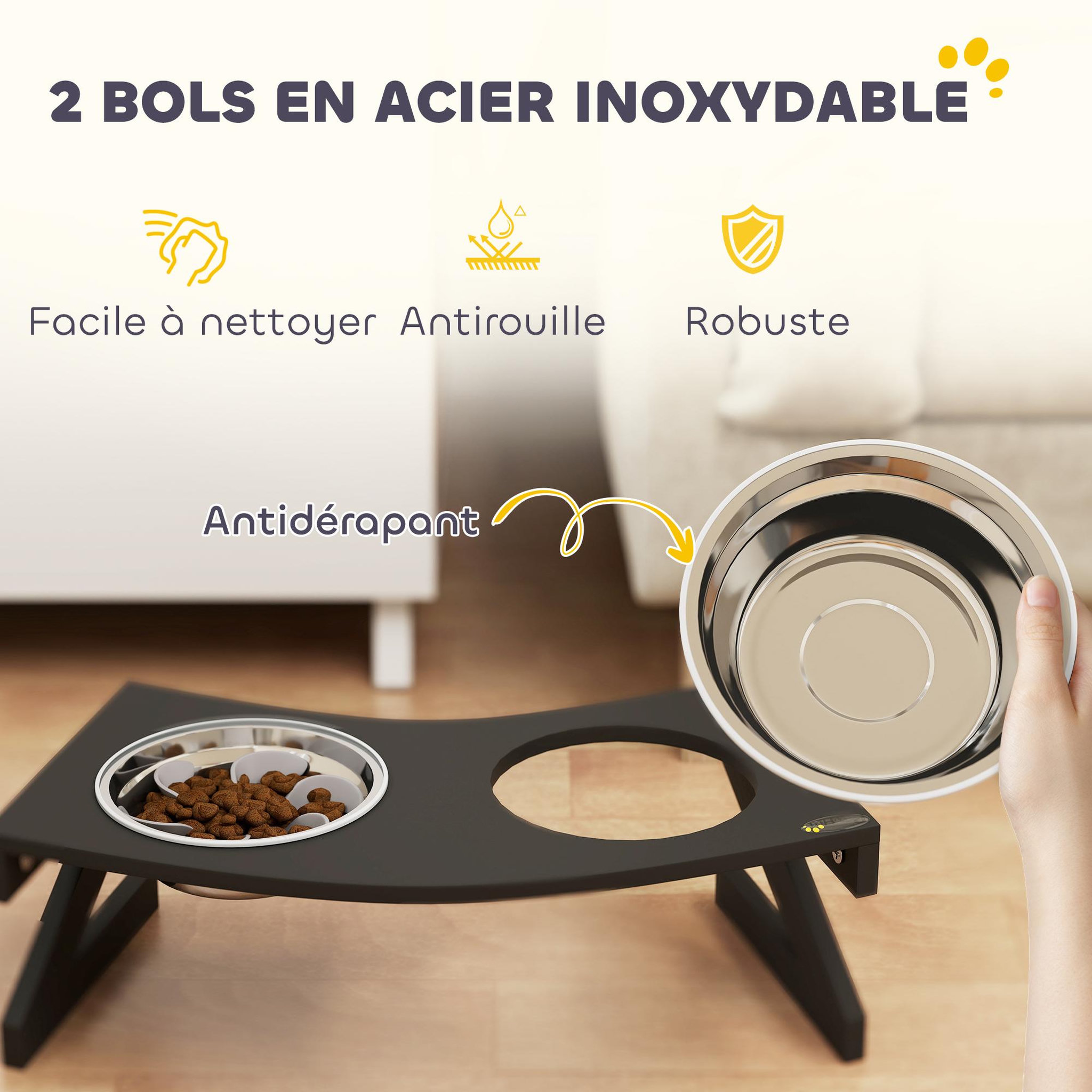 Voir la diapositive 4 : PAWHUT Porte-gamelles surélevé 2 écuelles une anti-glouton acier inox MDF noir