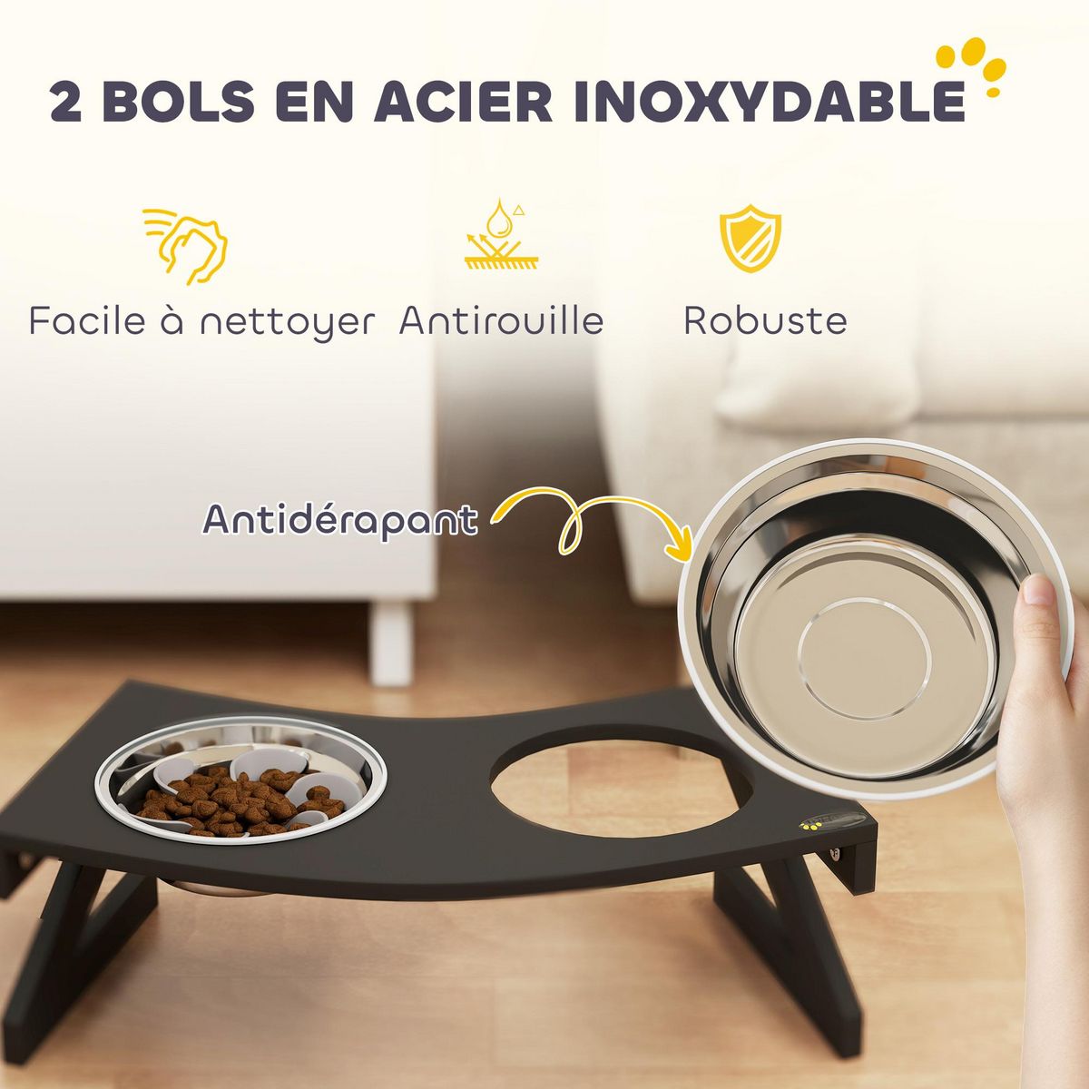 PAWHUT Porte-gamelles surélevé 2 écuelles une anti-glouton acier inox MDF noir