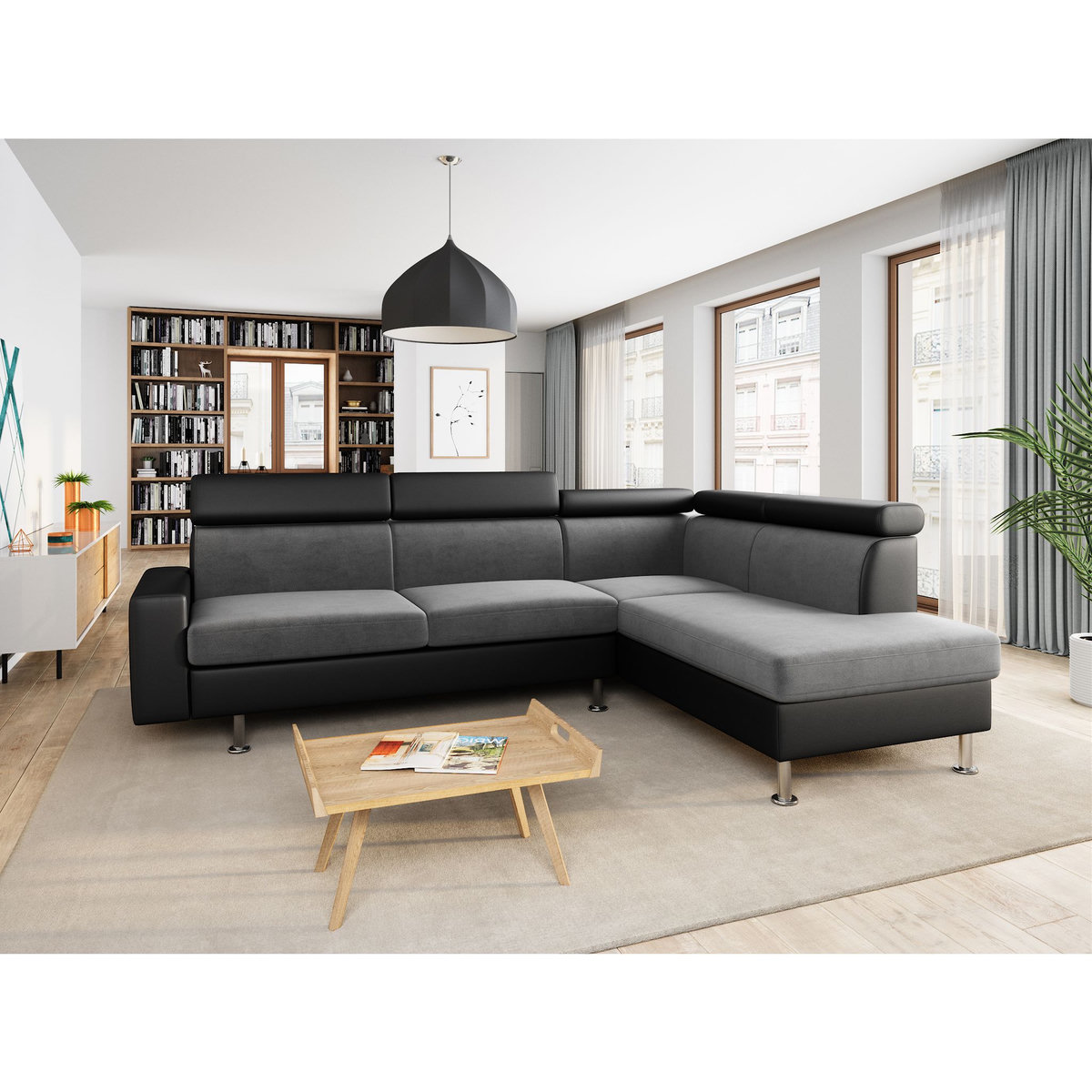 Canapé d'angle 4-5 places avec LED - TOMY- Simili Noir, microfibre Grise - Angle droit