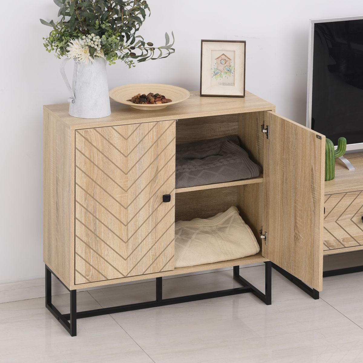 HOMCOM HOMCOM Buffet meuble de rangement 2 portes bois et pieds en métal noir dim. 80L x 29,5l x 80H cm