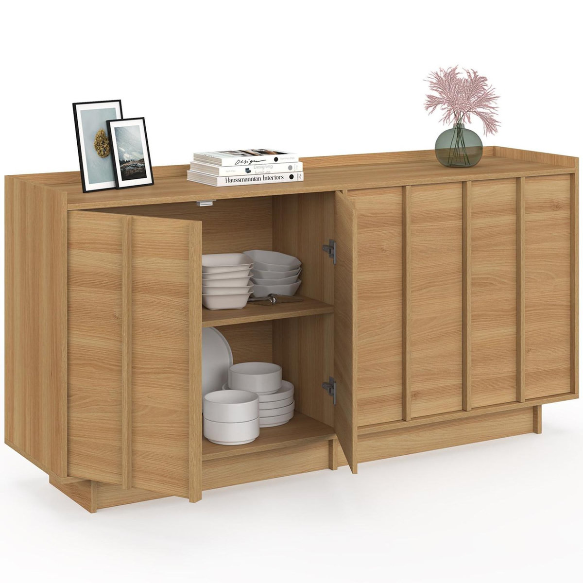 ID MARKET Buffet 160 cm ROSIE 4 portes façon hêtre design minimaliste