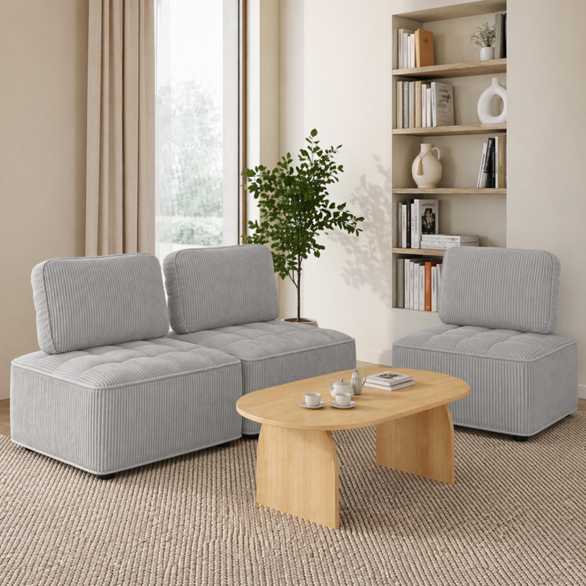 Voir la diapositive 3 : ID MARKET Module de canapé et fauteuil alfie en velours côtelé gris clair