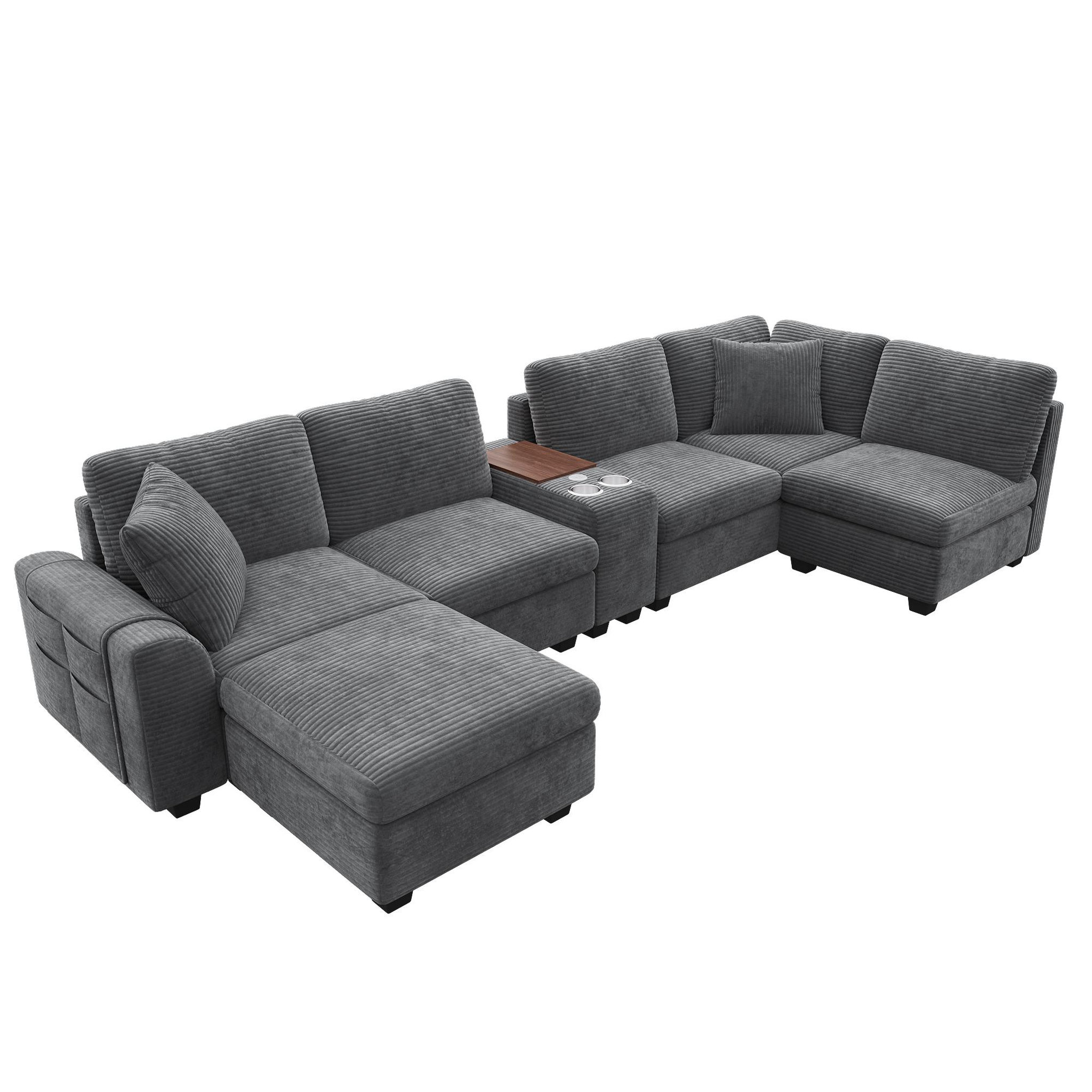 Voir la diapositive 6 : MERAX Canapé d'angle modulable u/l 6 places avec console usb tissu côtelé