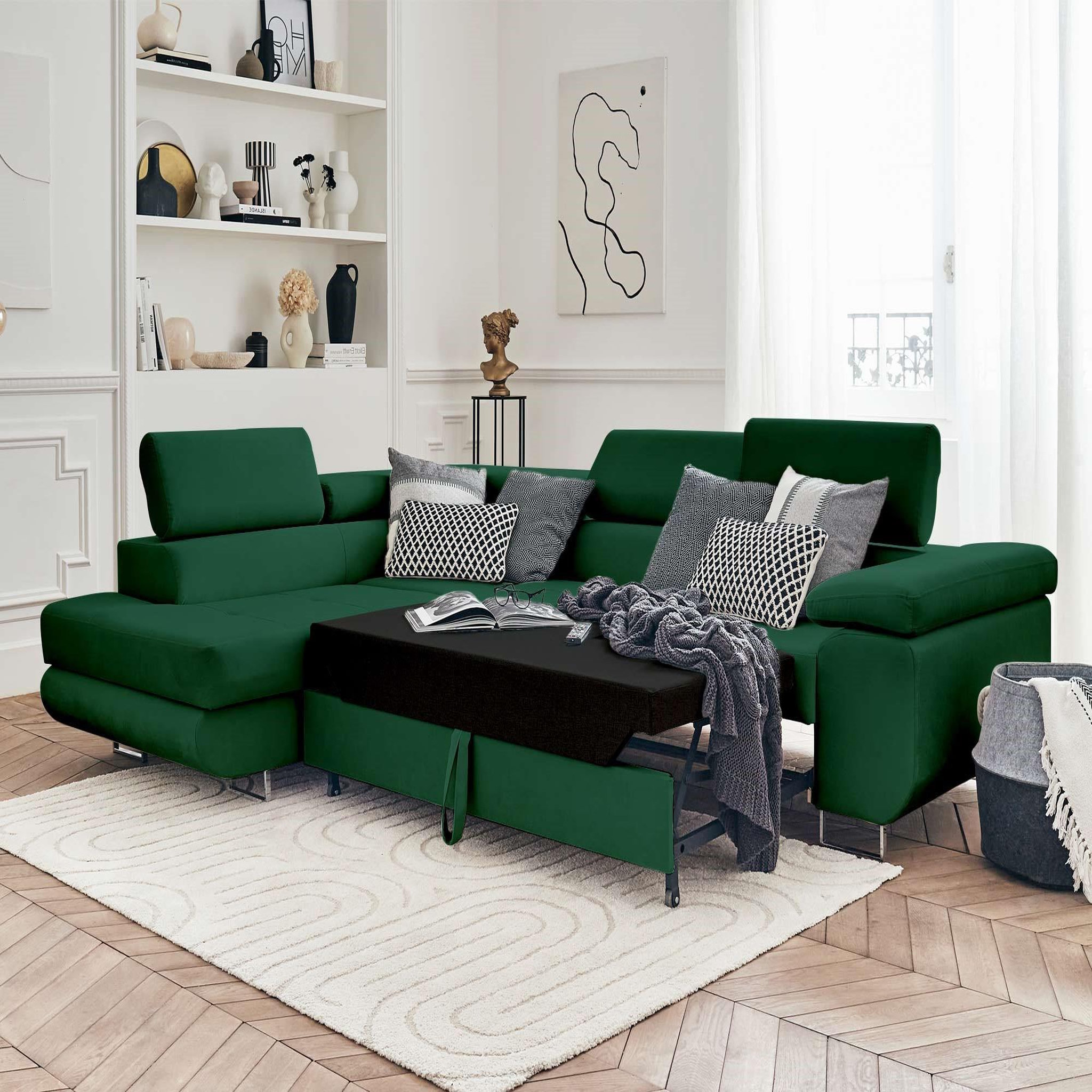 Voir la diapositive 2 : BEST MOBILIER Pablo - canapé d'angle gauche - 5 places - convertible avec coffre et têtières réglables - en velours