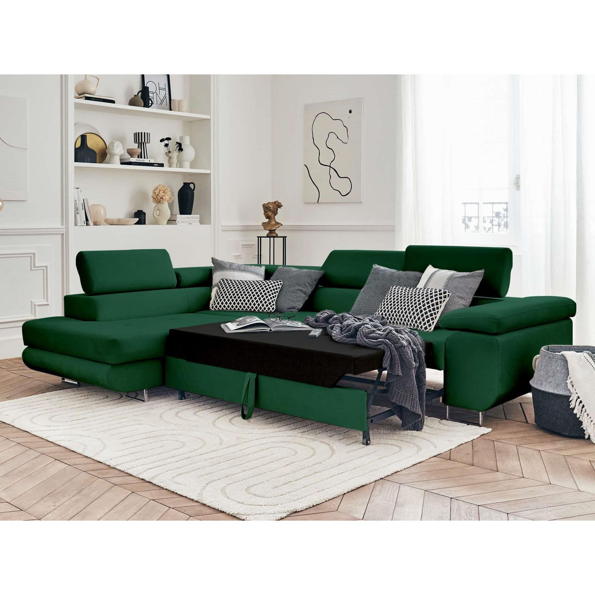 BEST MOBILIER Pablo - canapé d'angle gauche - 5 places - convertible avec coffre et têtières réglables - en velours