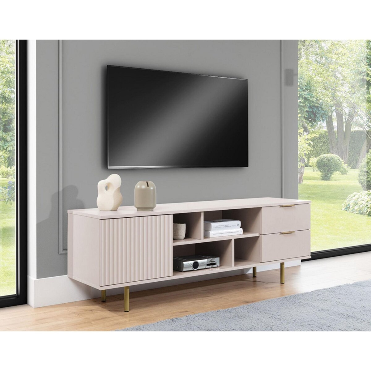 BEST MOBILIER Monica - meuble tv - beige - 4 niches et 2 portes - 150 cm